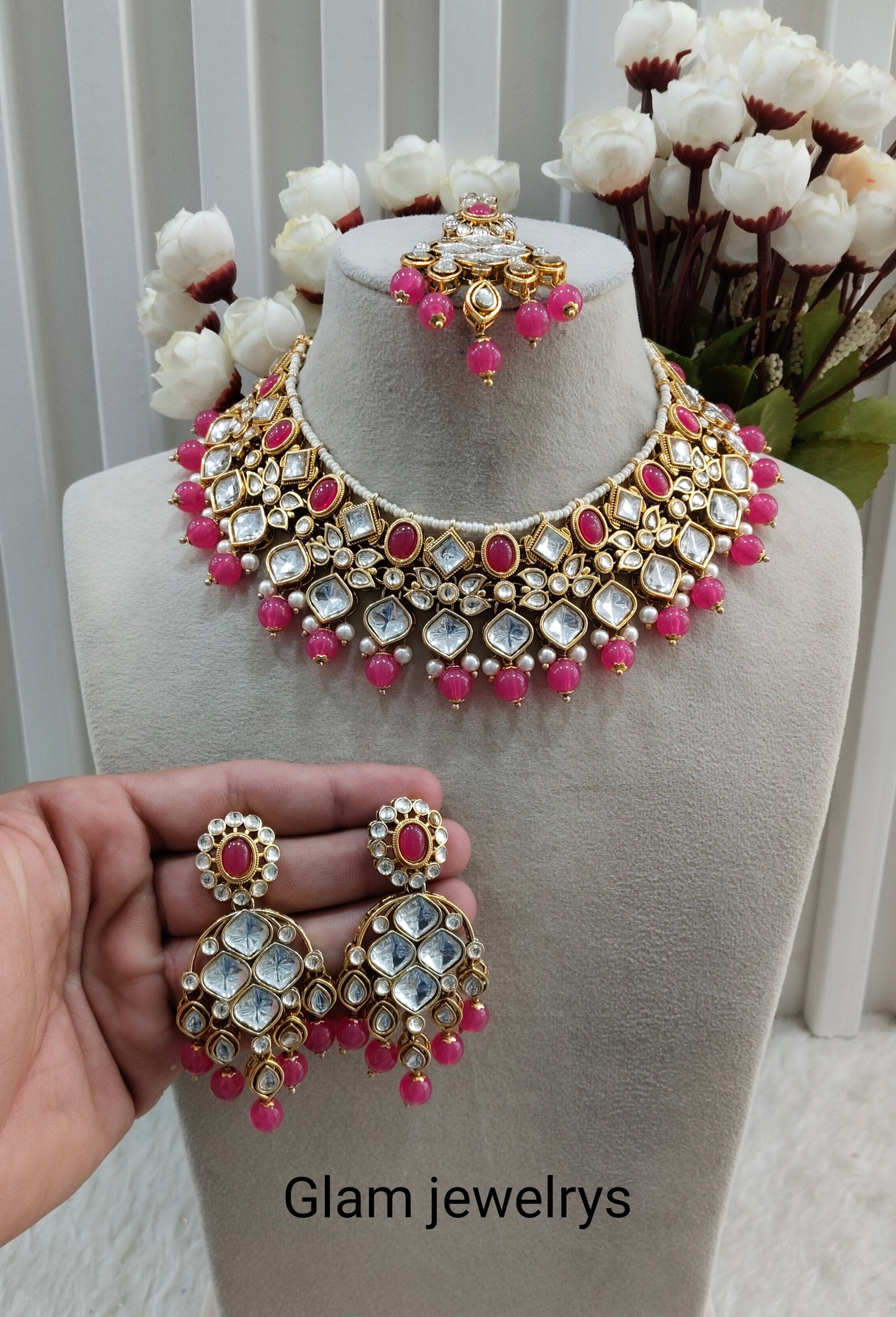 Rani Pink Gold Kundan Necklace Indian Jewellery Rishi Set