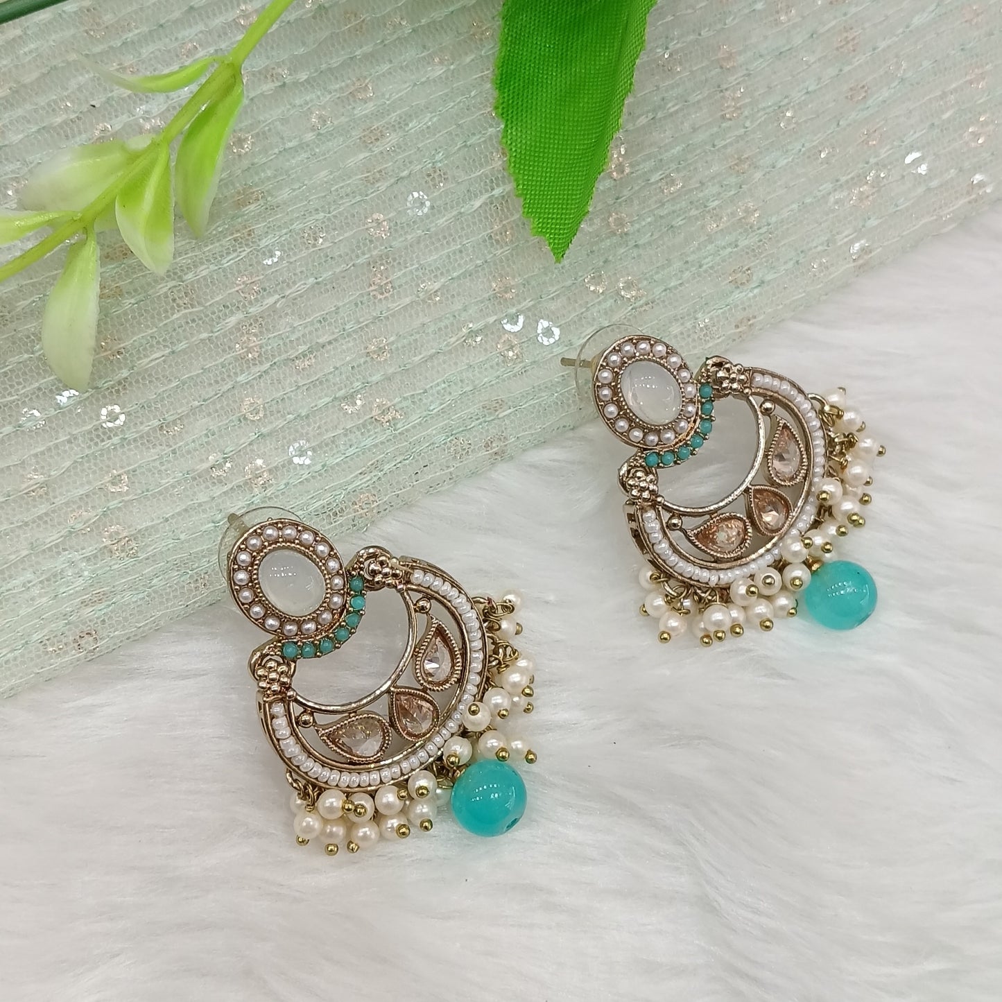 Sky Blue Antique Gold Bollywood Raina Indian Earrings