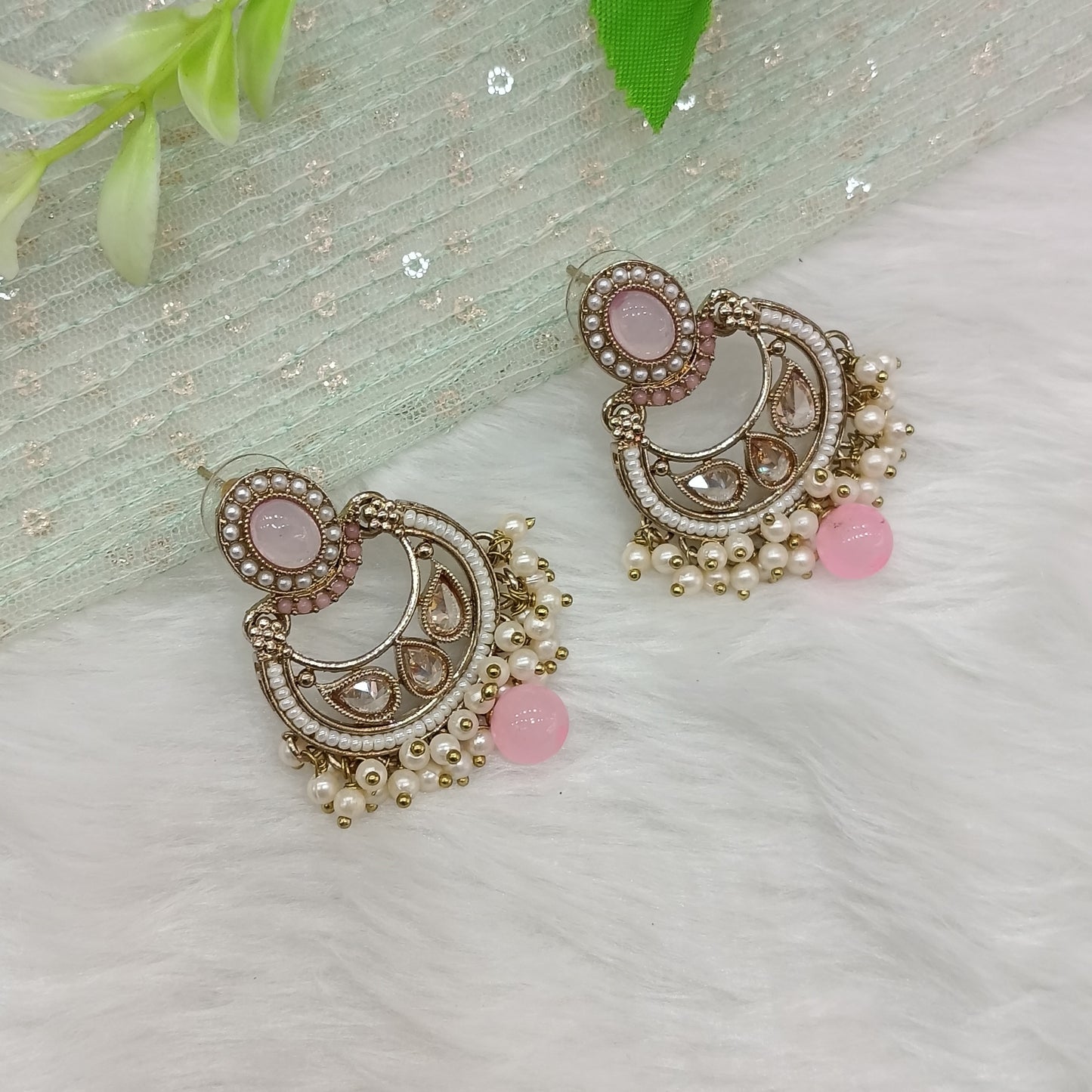 Pink Antique Gold Bollywood Raina Indian Earrings