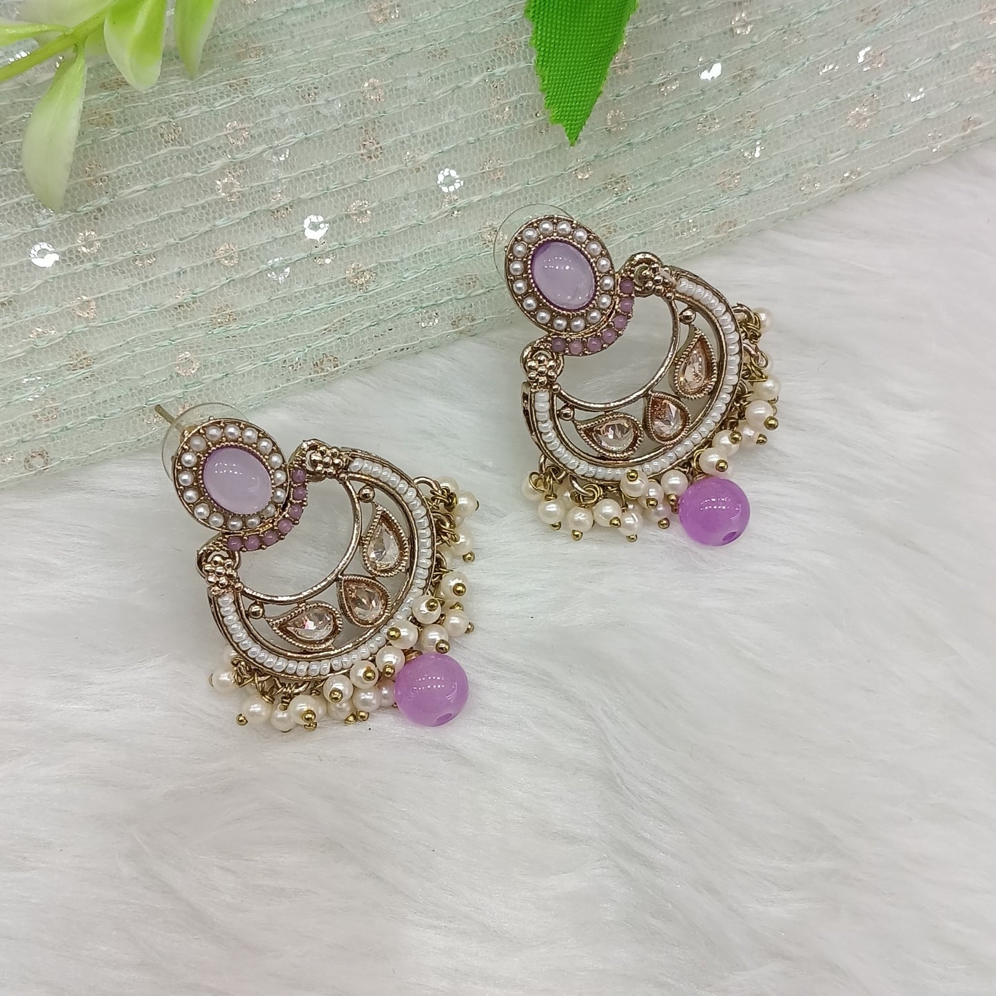 Lavender Antique Gold Bollywood Raina Indian Earrings