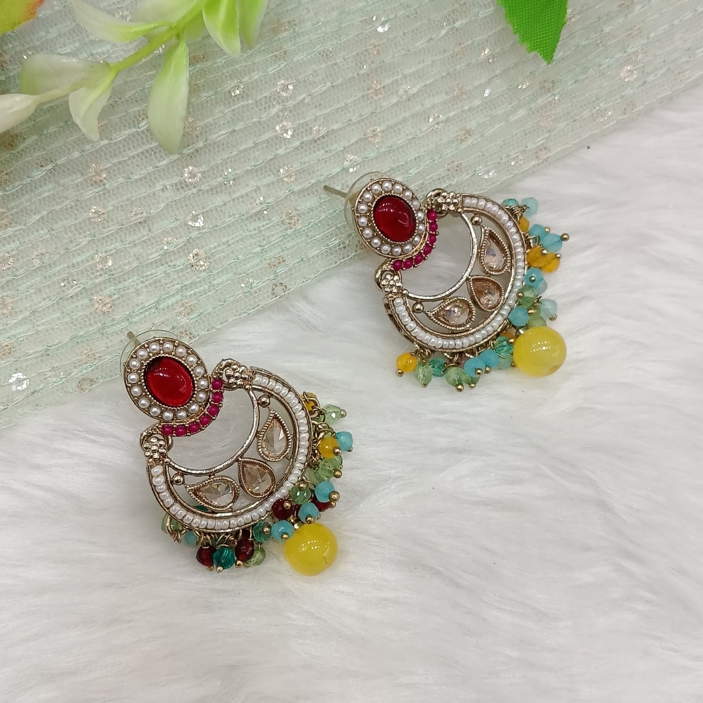 Multi Color Antique Gold Bollywood Raina Indian Earrings