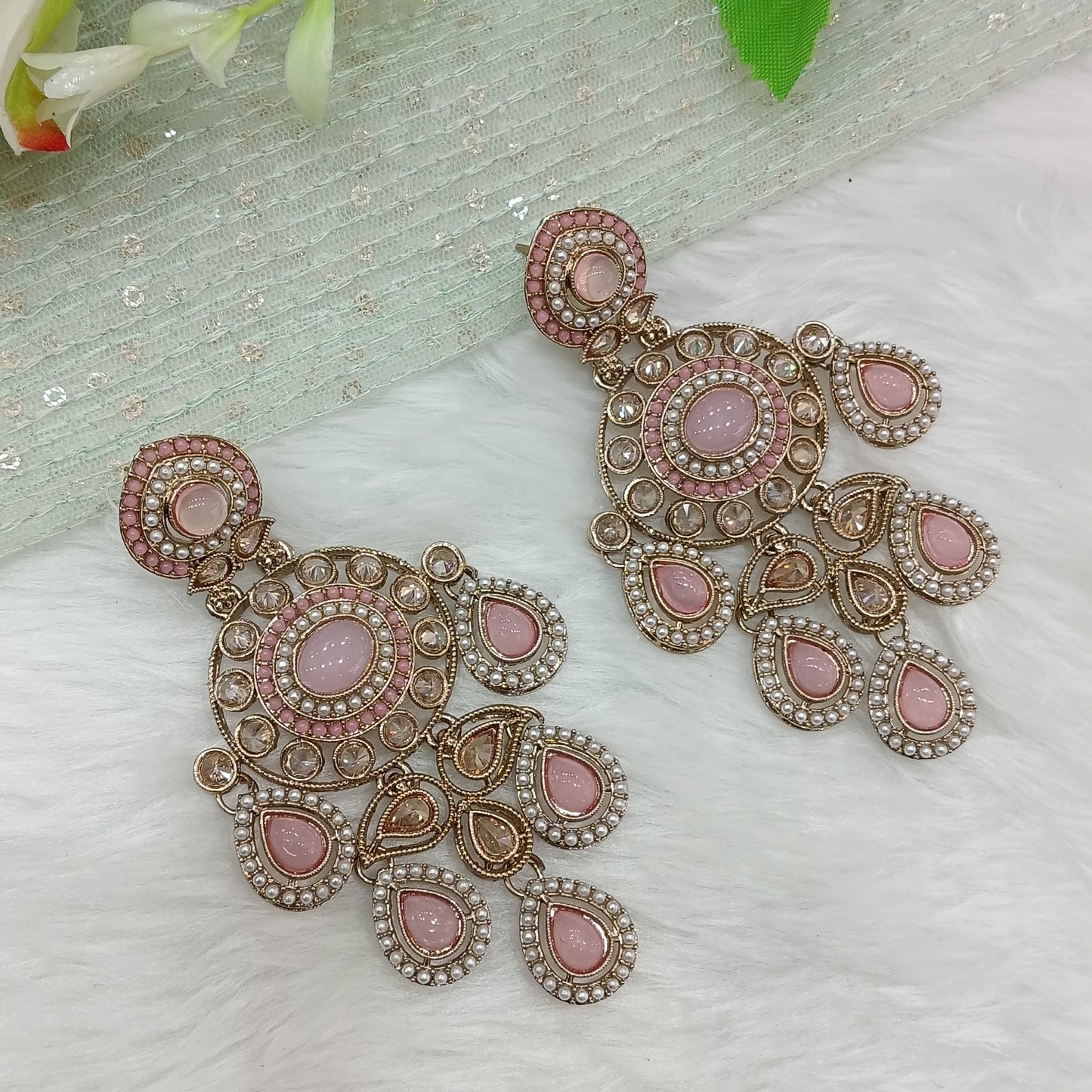 Pink Antique Gold Bollywood Suresh Indian Earrings