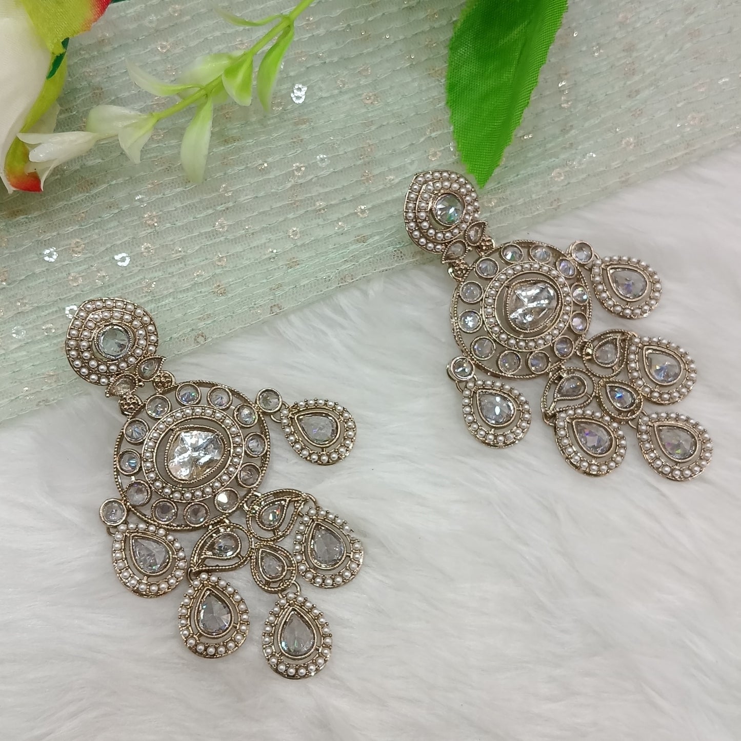 White Antique Gold Bollywood Suresh Indian Earrings