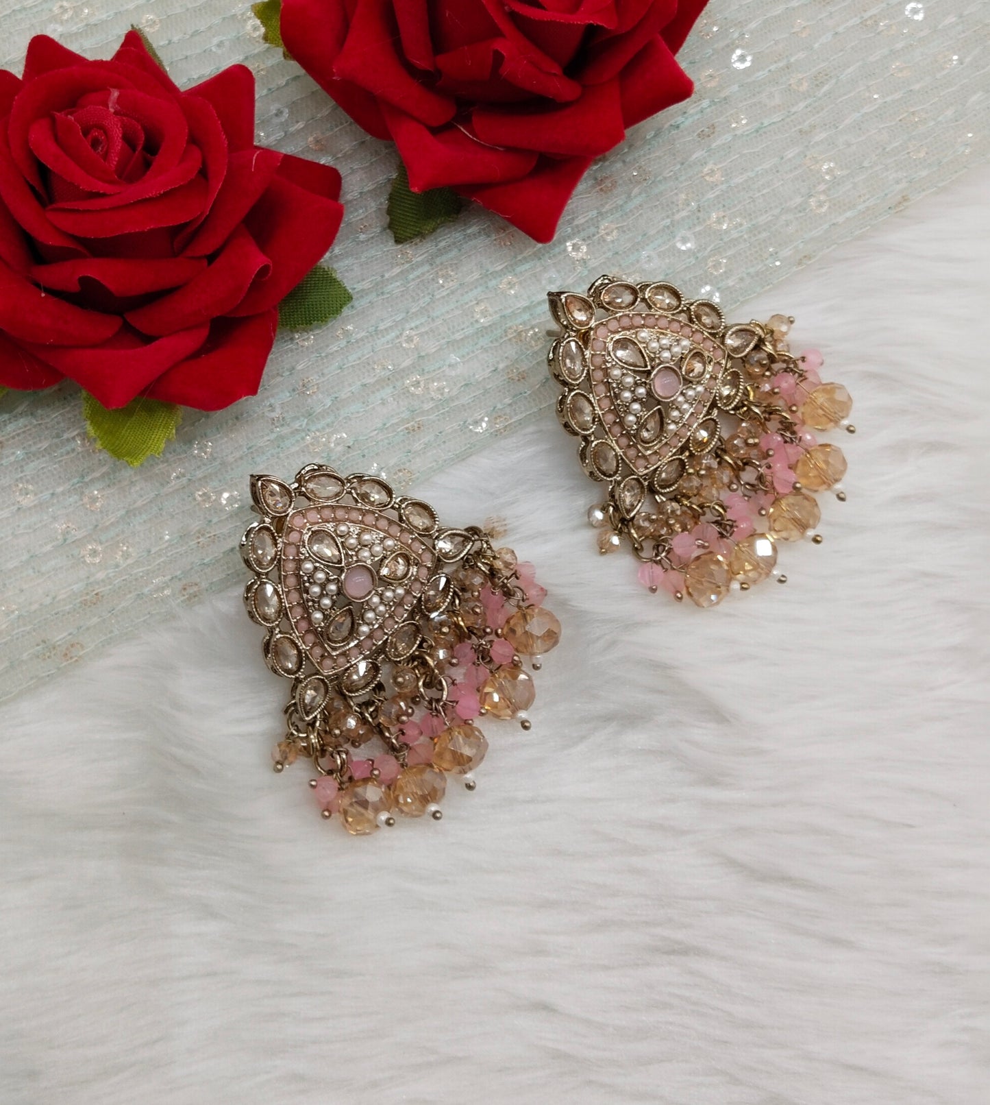 Pink Antique Gold Bollywood Sarpunch Indian Earrings