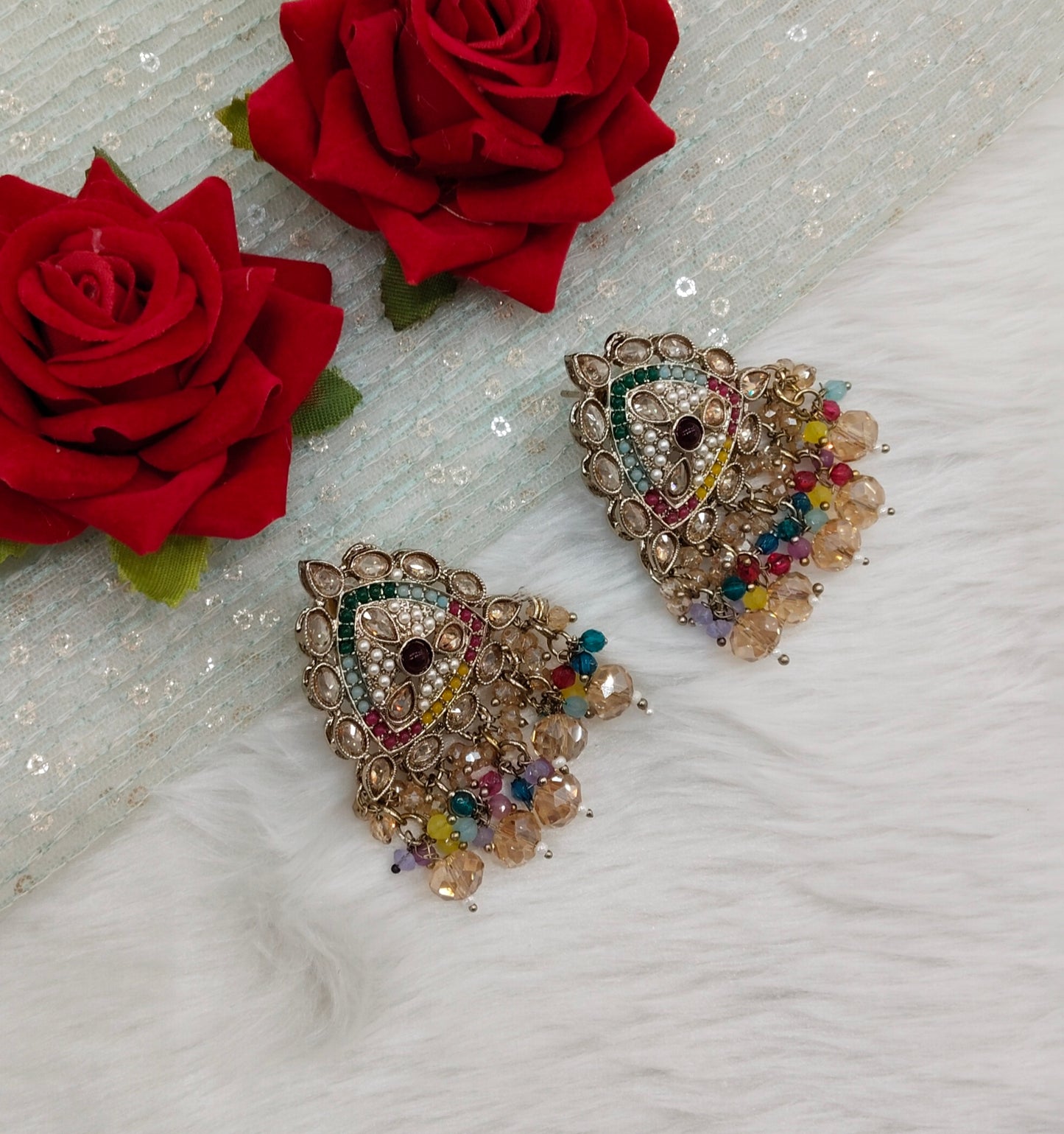 Multi Color Antique Gold Bollywood Sarpunch Indian Earrings