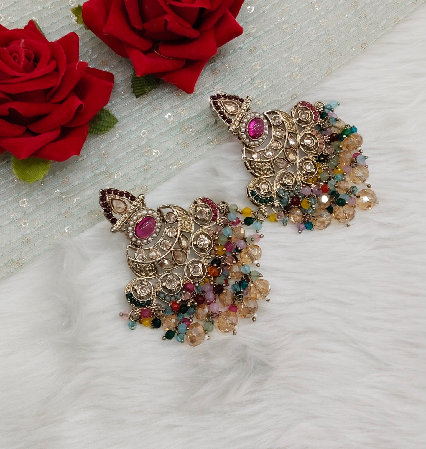Multi Color Antique Gold Bollywood Ruturaj Indian Earrings