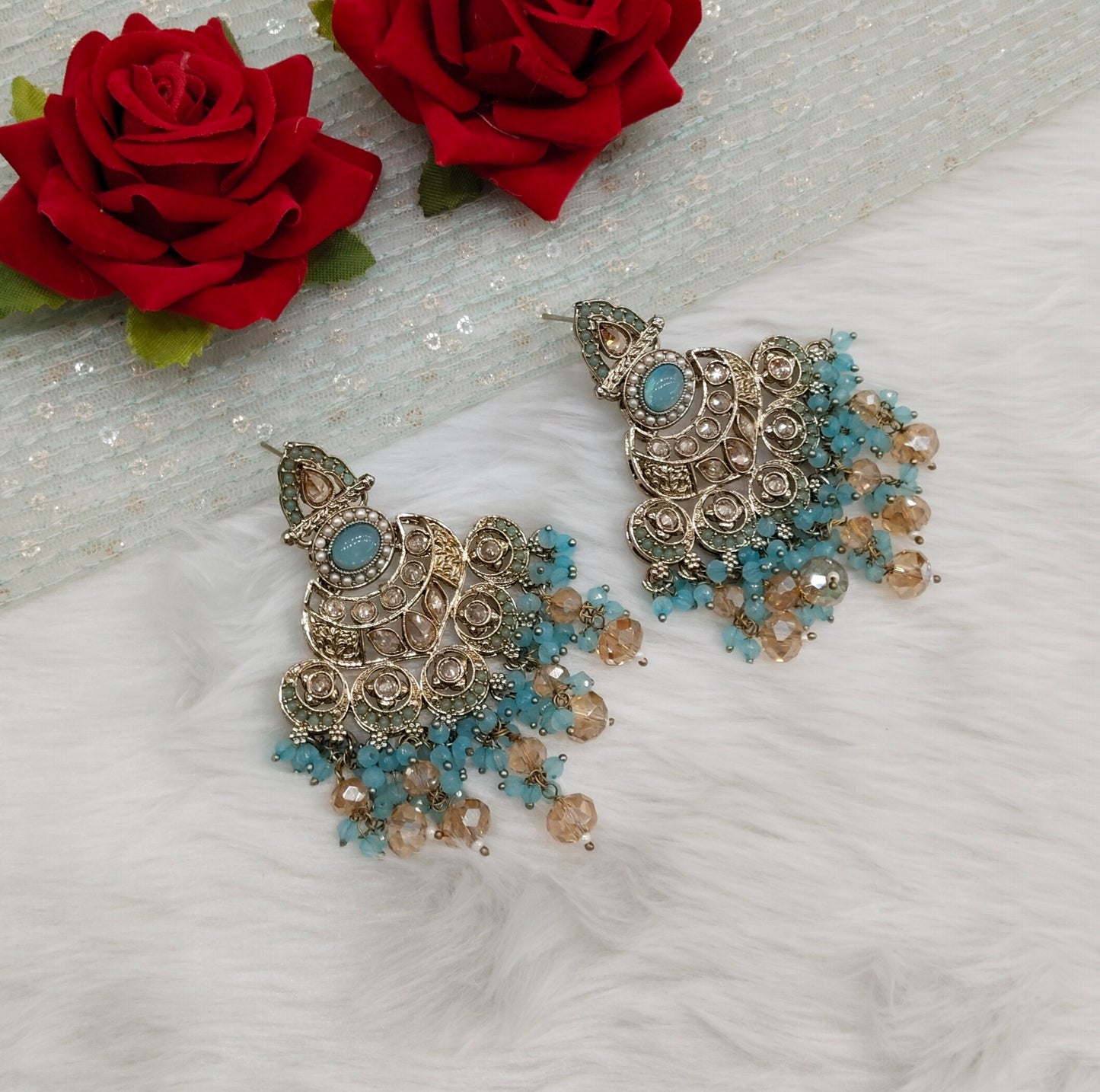 Sky Blue Antique Gold Bollywood Ruturaj Indian Earrings
