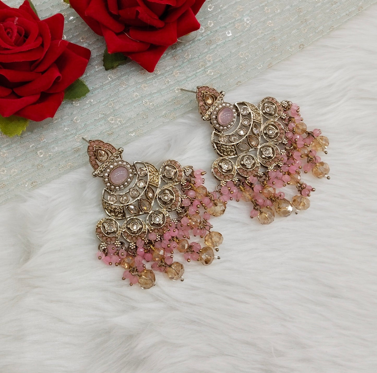 Pink Antique Gold Bollywood Ruturaj Indian Earrings