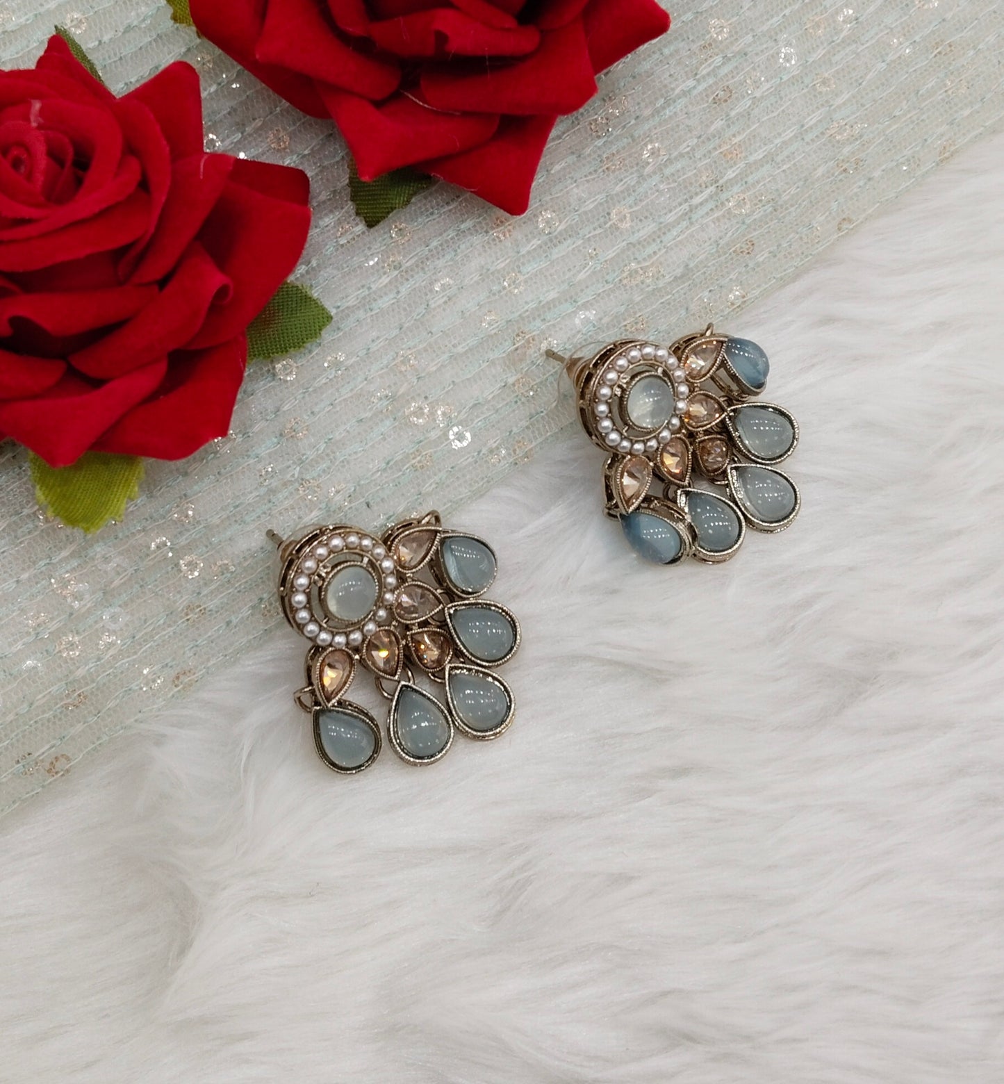 Sky Blue Antique Gold Bollywood Rachin Indian Earrings