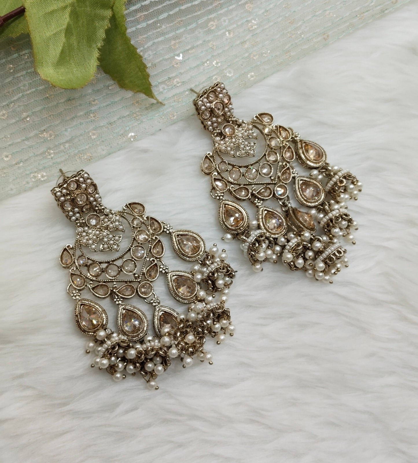 White Antique Gold Bollywood Hooda Indian Earrings