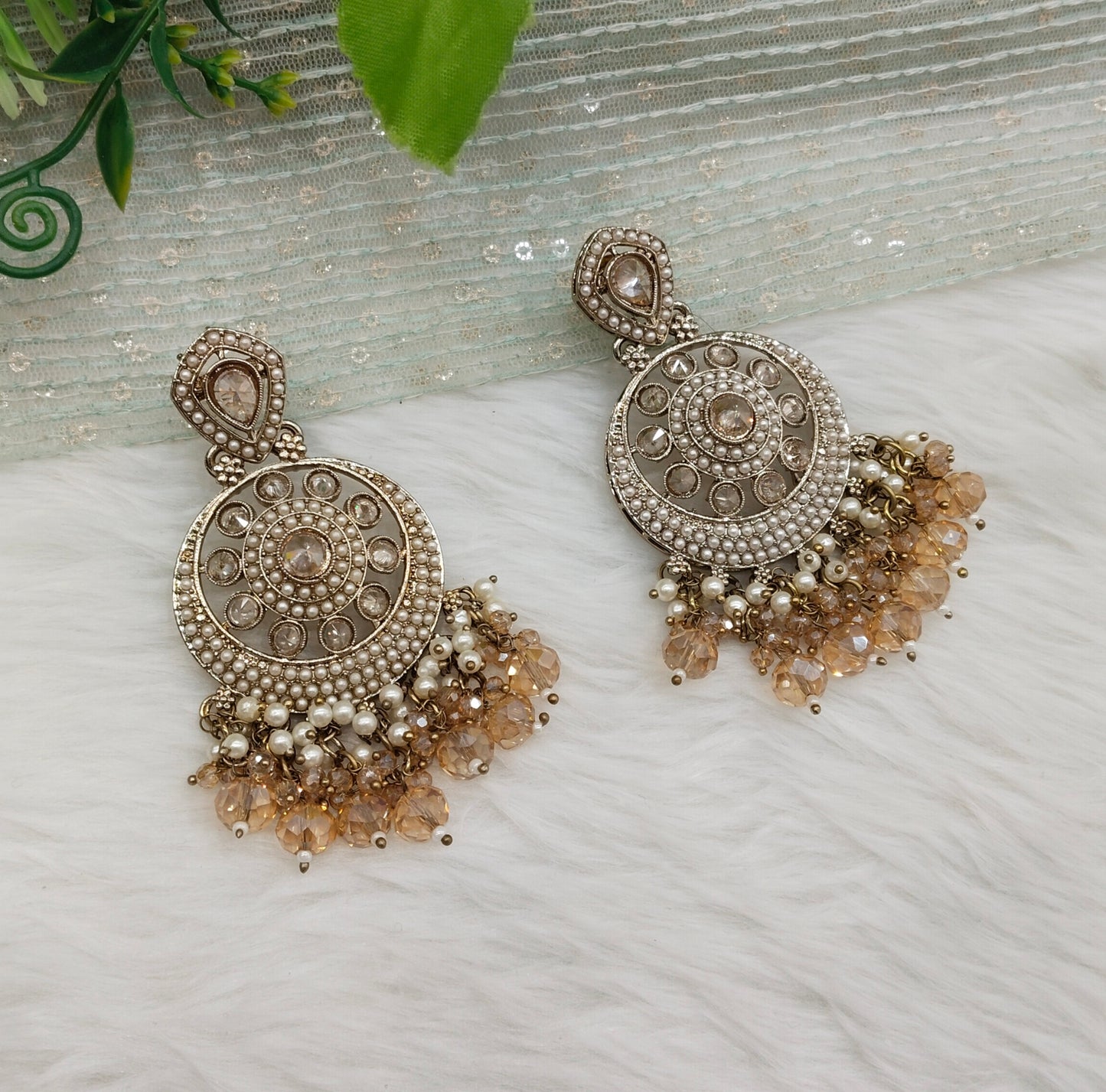 White Antique Gold Bollywood Hooda Indian Earrings