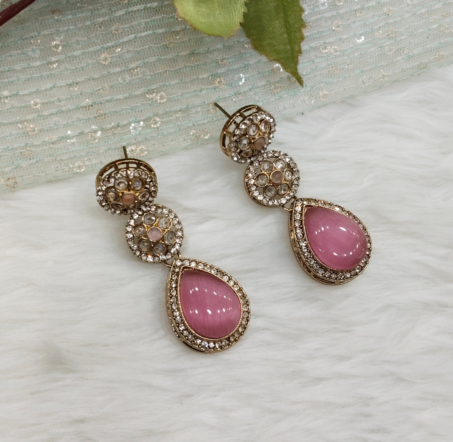 Pink Antique Gold Bollywood Salt Indian Earrings