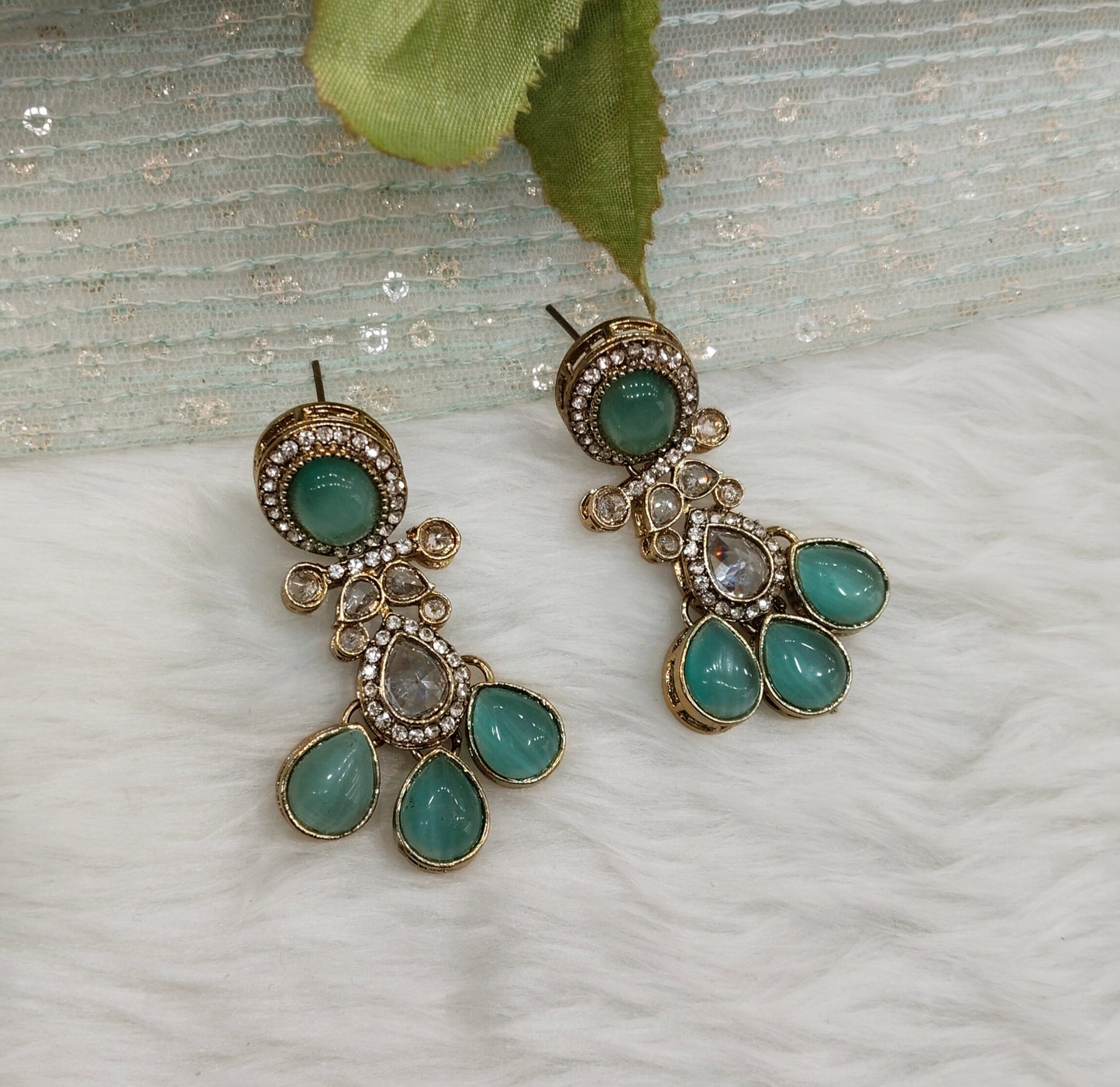 Sage Green Antique Gold Bollywood Salt Indian Earrings