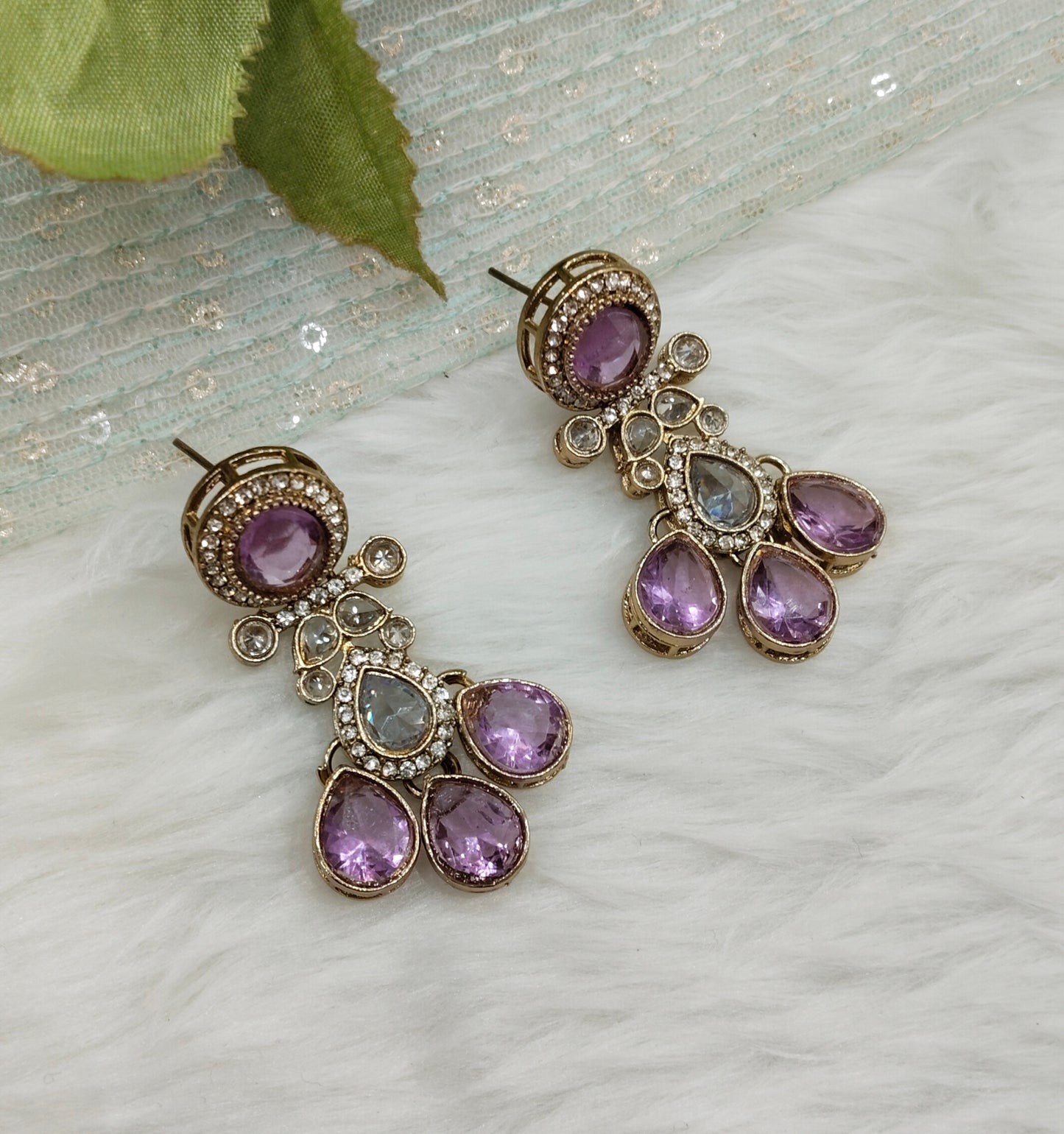 Lavender Antique Gold Bollywood Salt Indian Earrings