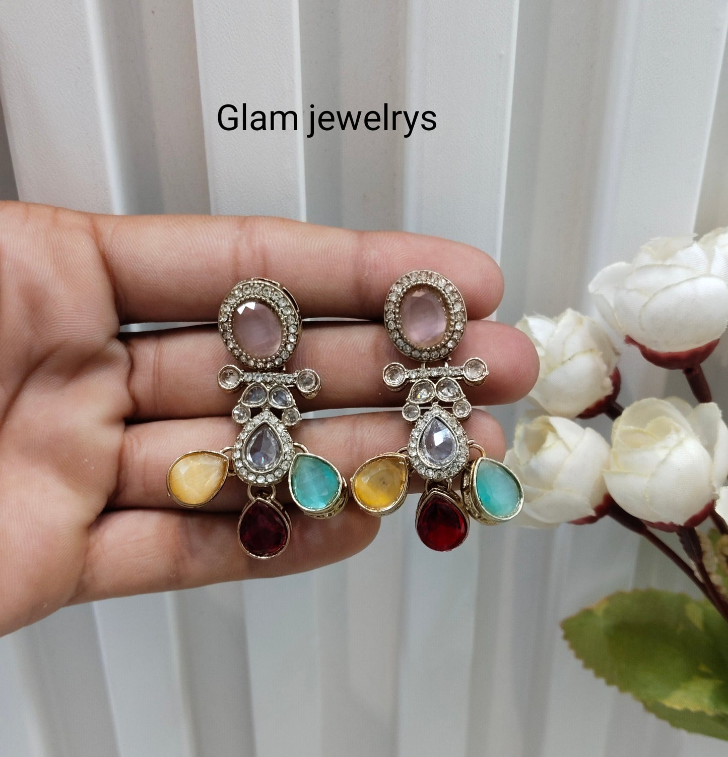 Multi Color Antique Gold Bollywood Salt Indian Earrings