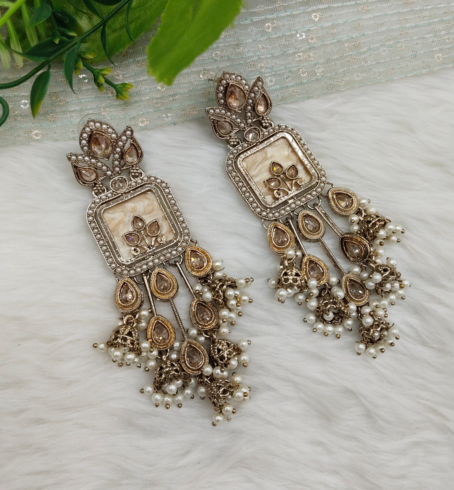 White Antique Gold Bollywood Dhoni Indian Earrings