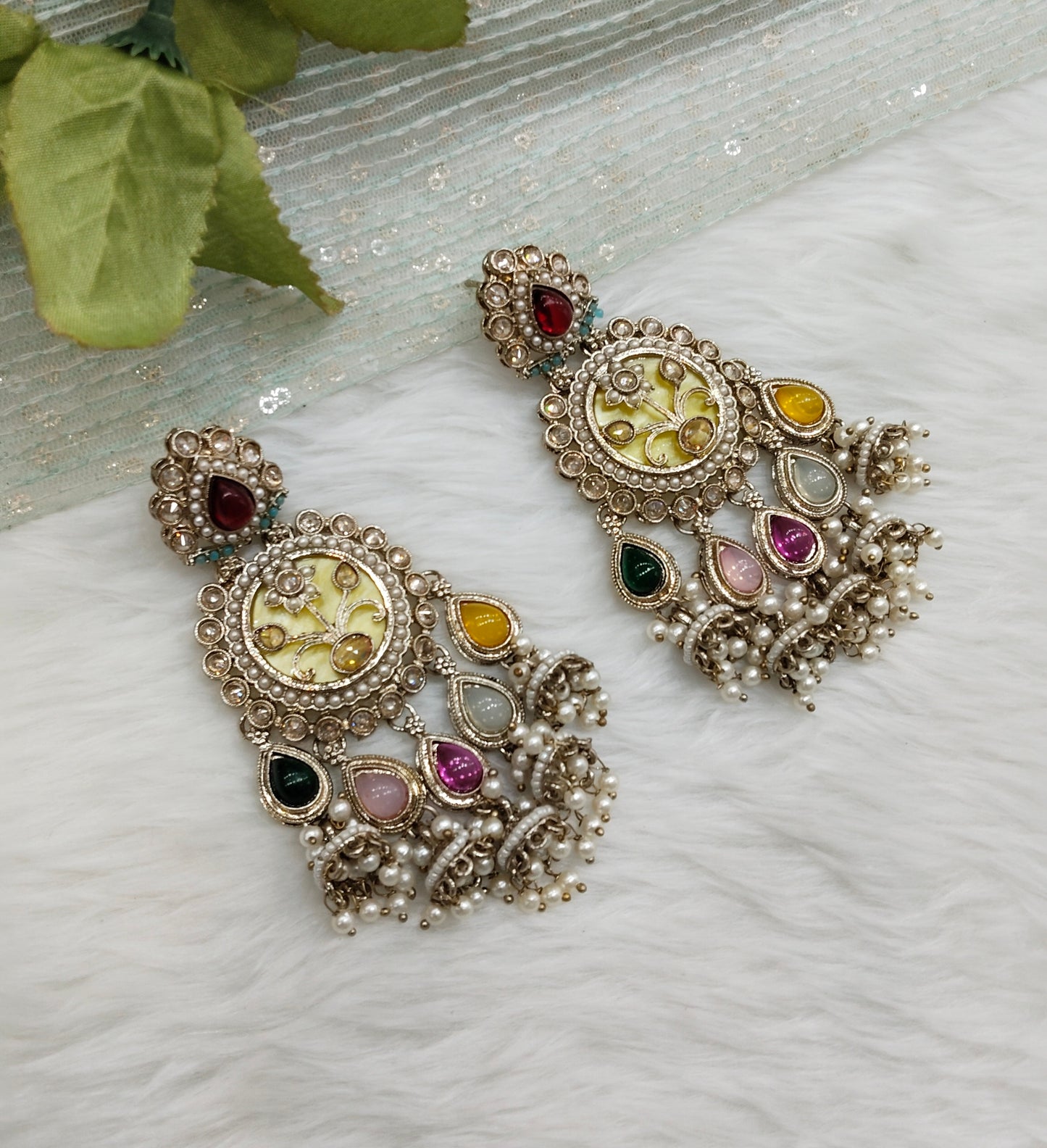 Multi Color Antique Gold Bollywood Hooda Indian Earrings