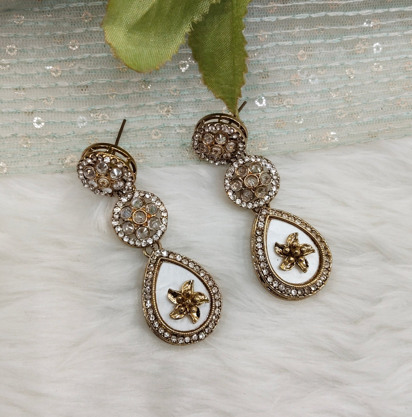 White Antique Gold Bollywood Salt Indian Earrings