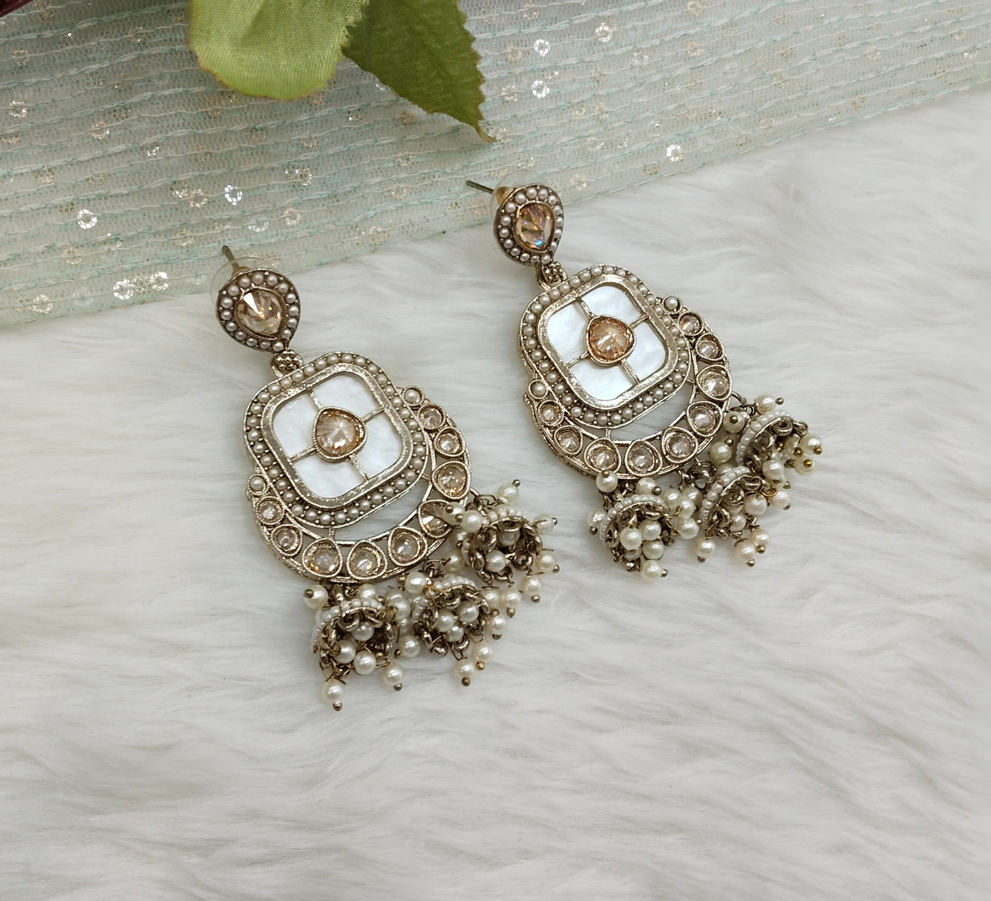 White Antique Gold Bollywood Hooda Indian Earrings