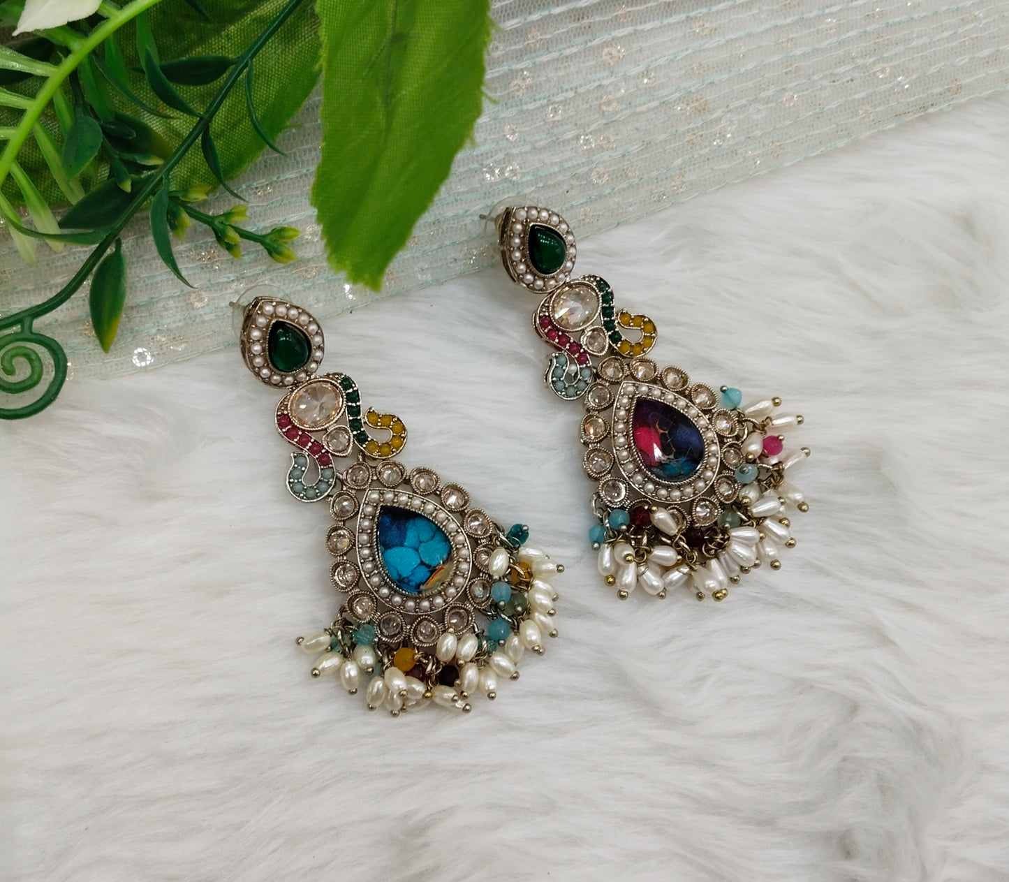 Multi Color Antique Gold Bollywood Dhoni Indian Earrings