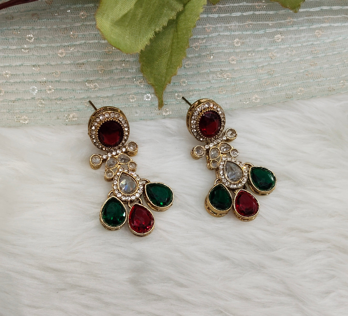 Ruby Green Antique Gold Bollywood Salt Indian Earrings