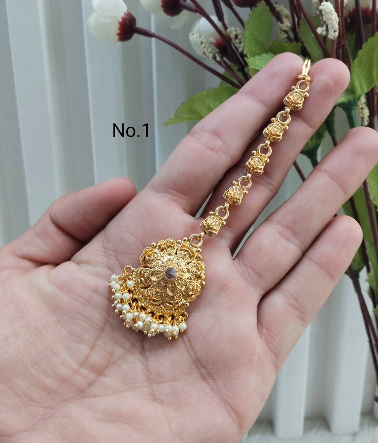 Gold polki and Antique Gold Tikka Jewellery Indian Headpiece Set