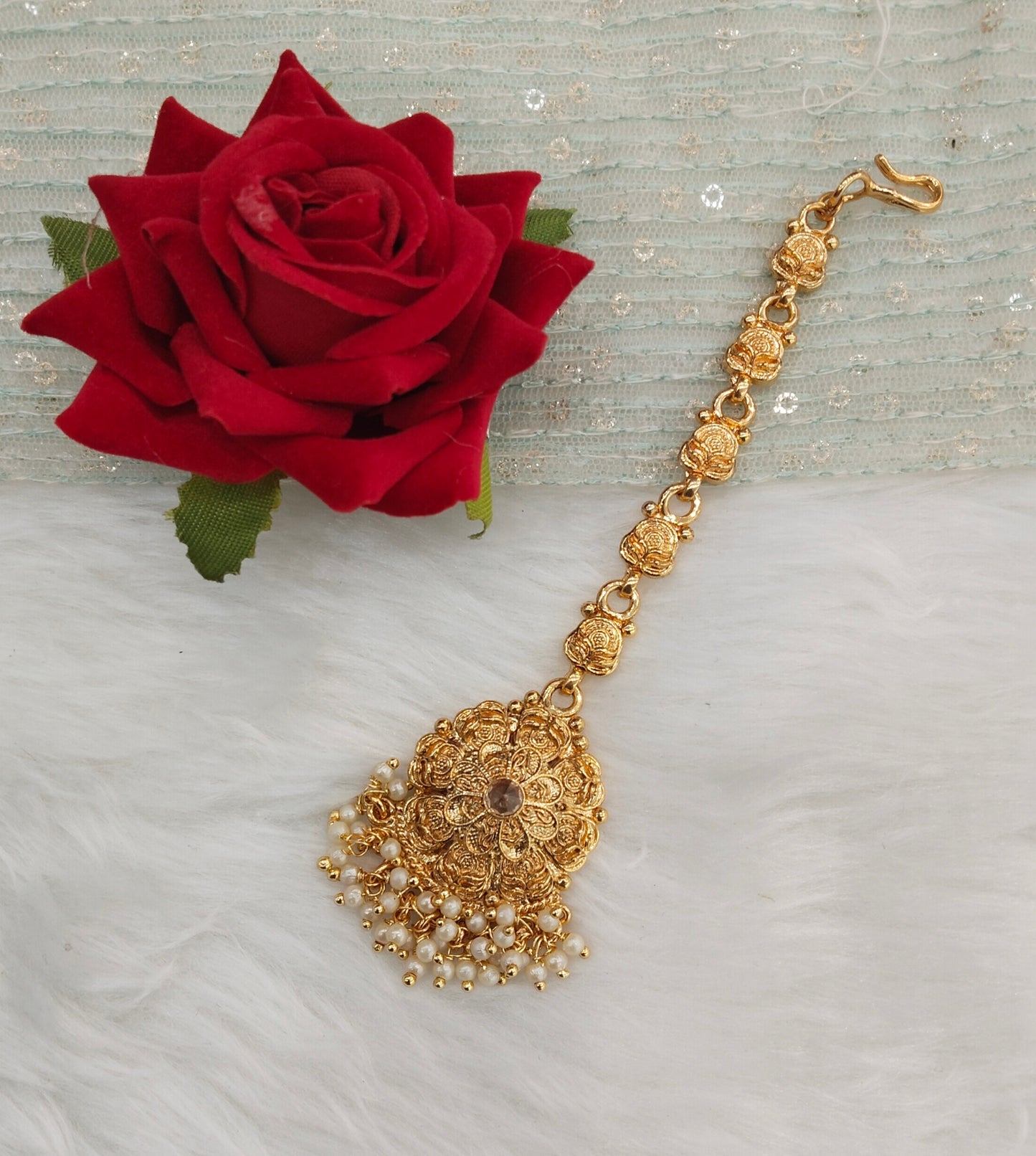 Gold polki and Antique Gold Tikka Jewellery Indian Headpiece Set