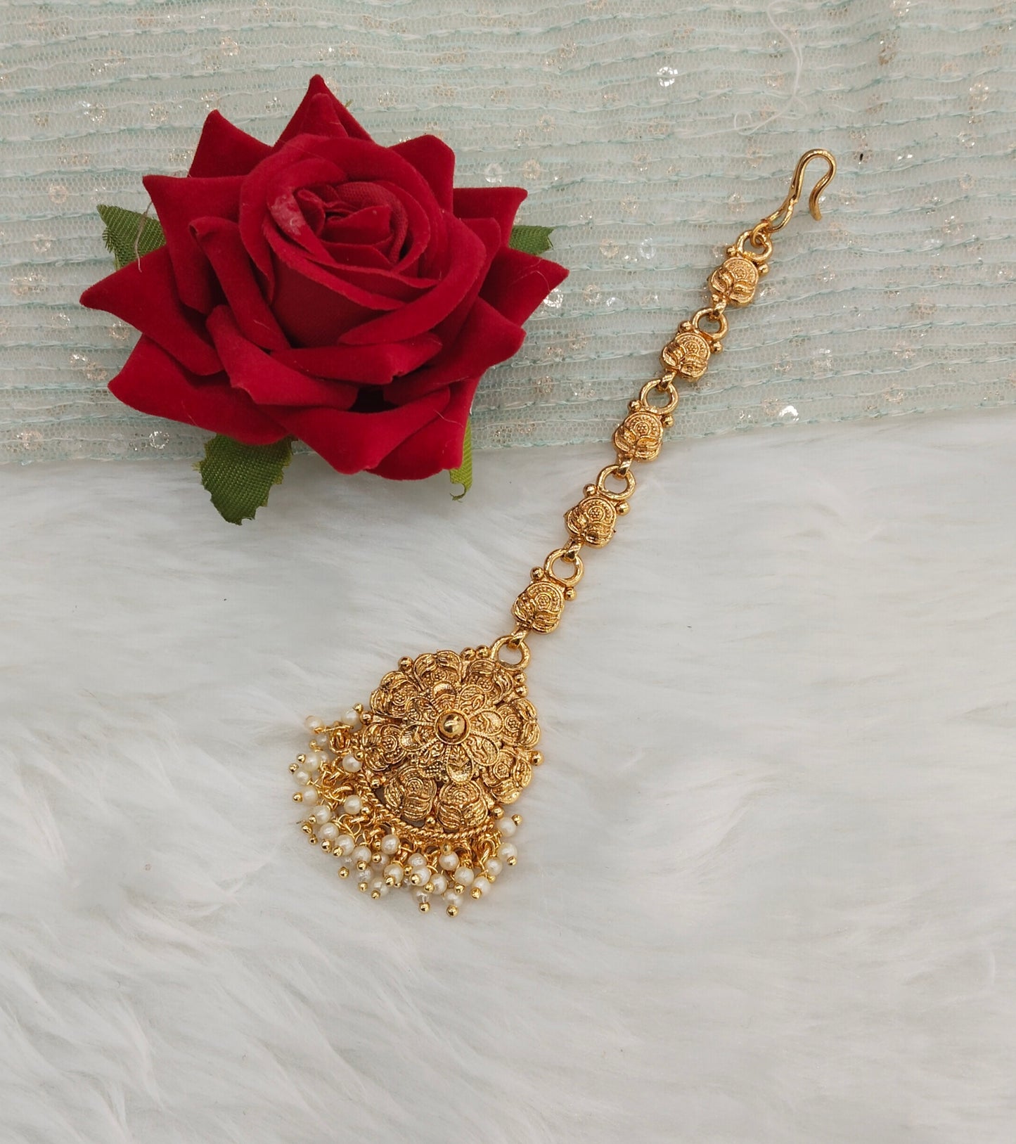 Gold polki and Antique Gold Tikka Jewellery Indian Headpiece Set