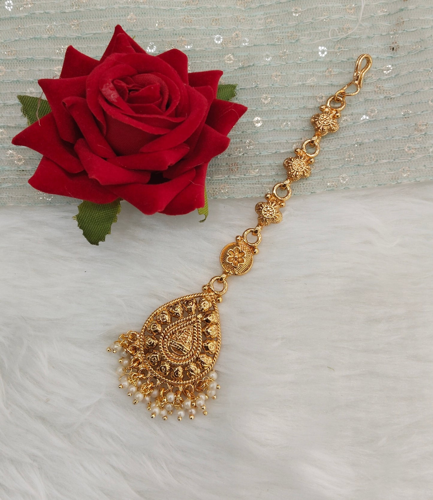 Gold polki and Antique Gold Tikka Jewellery Indian Headpiece Set