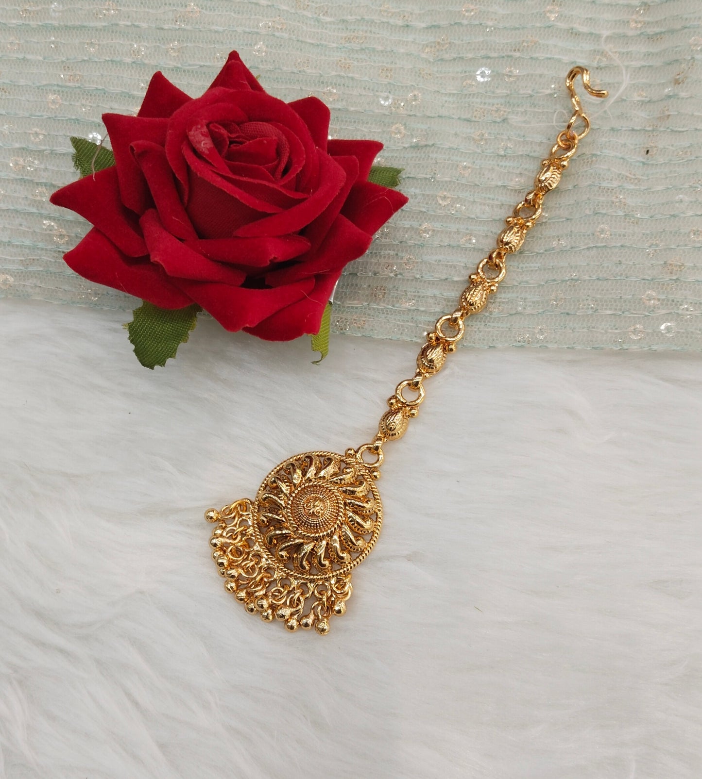Gold polki and Antique Gold Tikka Jewellery Indian Headpiece Set