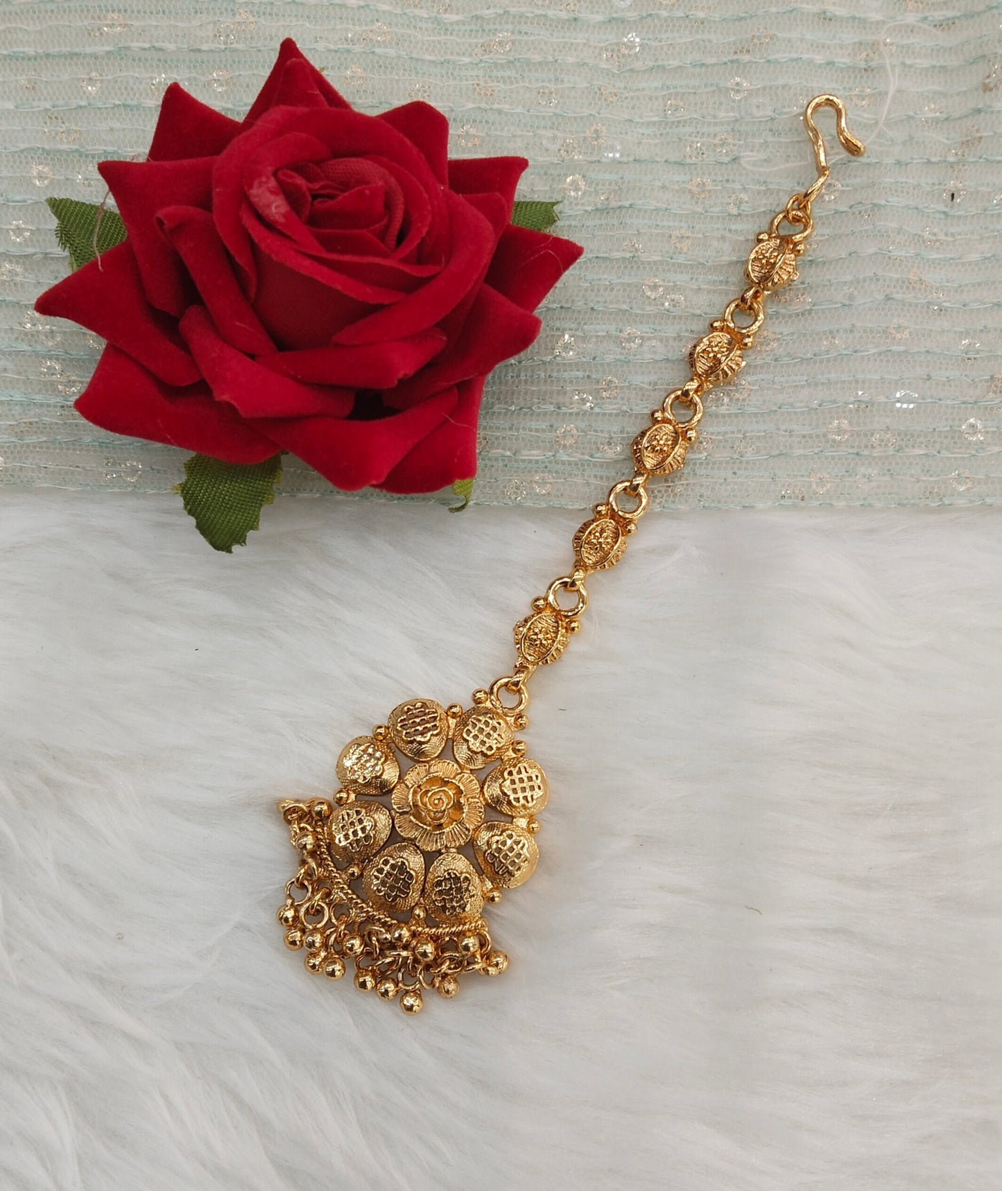 Gold polki and Antique Gold Tikka Jewellery Indian Headpiece Set