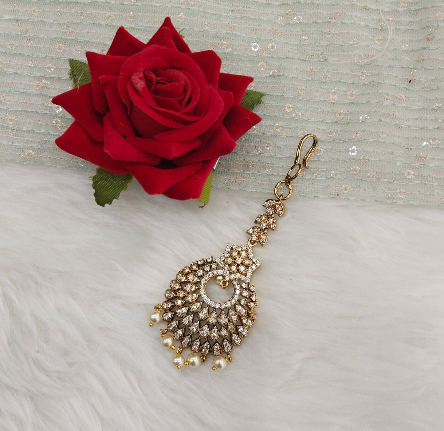 Gold polki and Antique Gold Tikka Jewellery Indian Headpiece Set