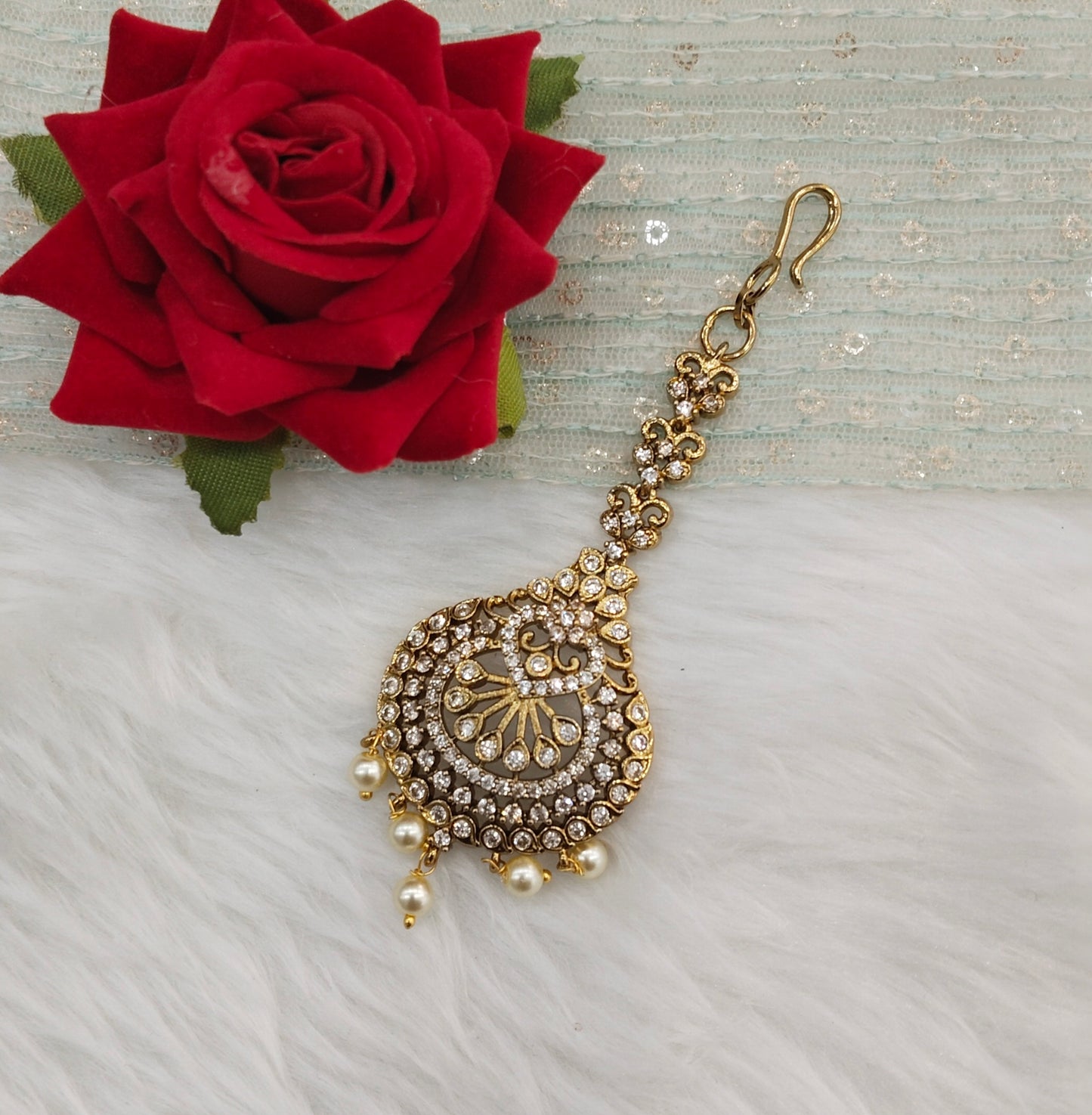 Gold polki and Antique Gold Tikka Jewellery Indian Headpiece Set