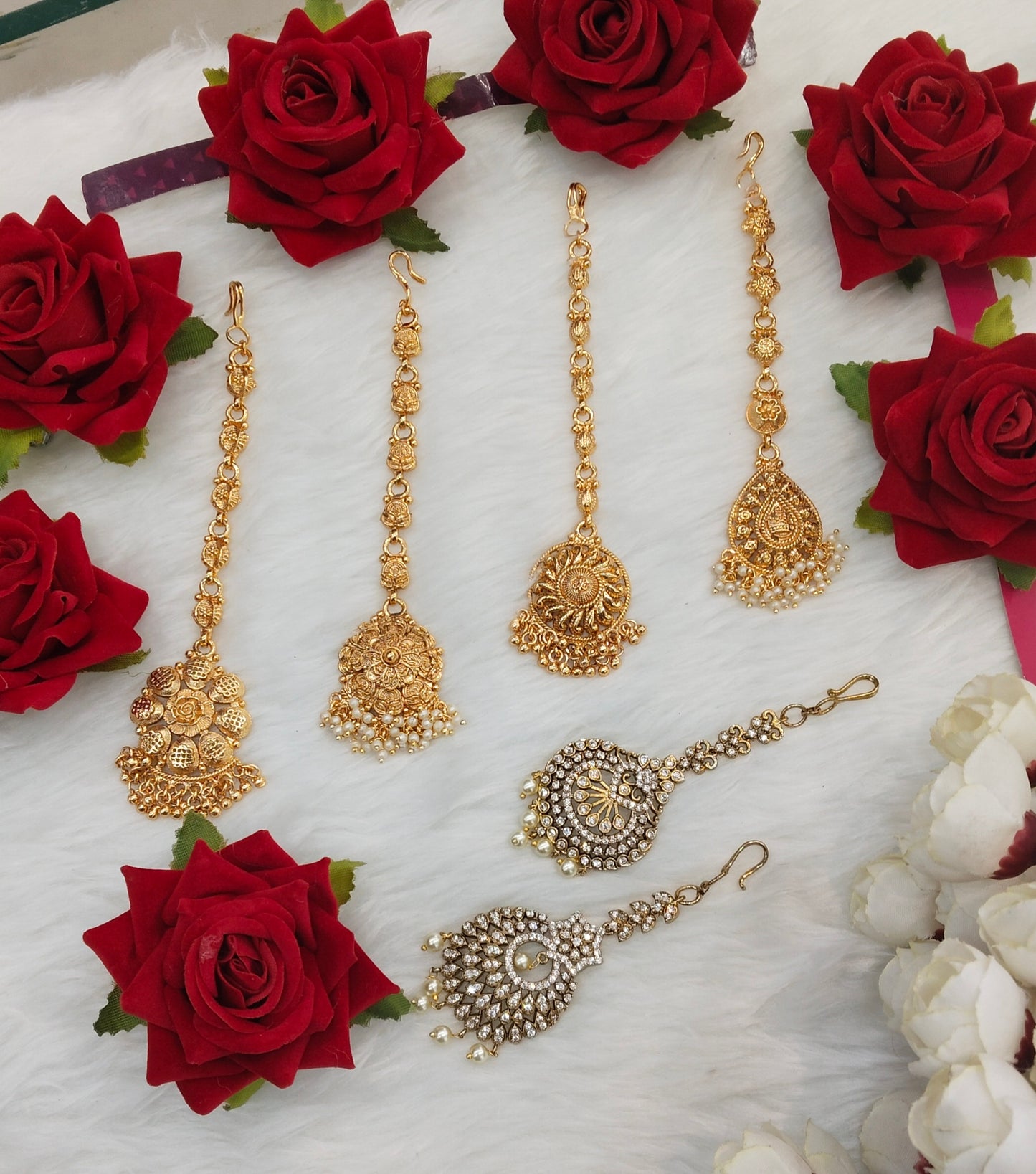Gold polki and Antique Gold Tikka Jewellery Indian Headpiece Set