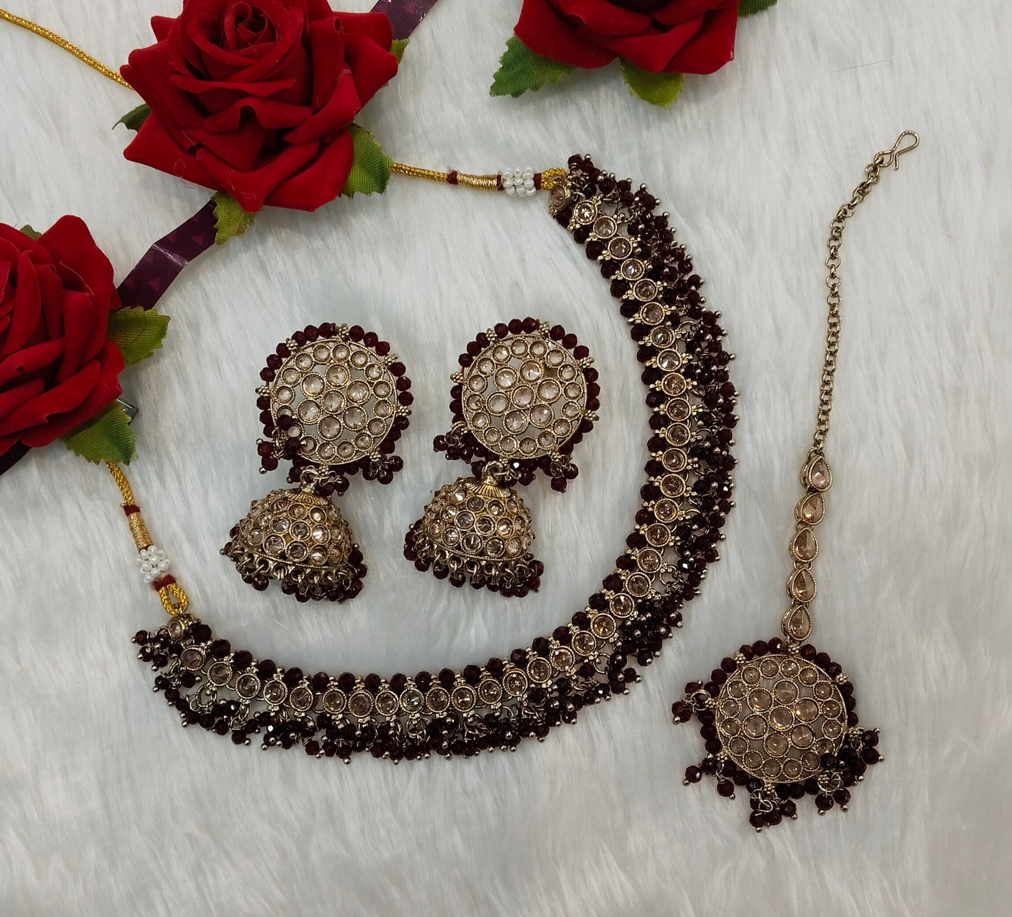 Maroon Antique Gold Necklace Indian Jewellery Naman Set