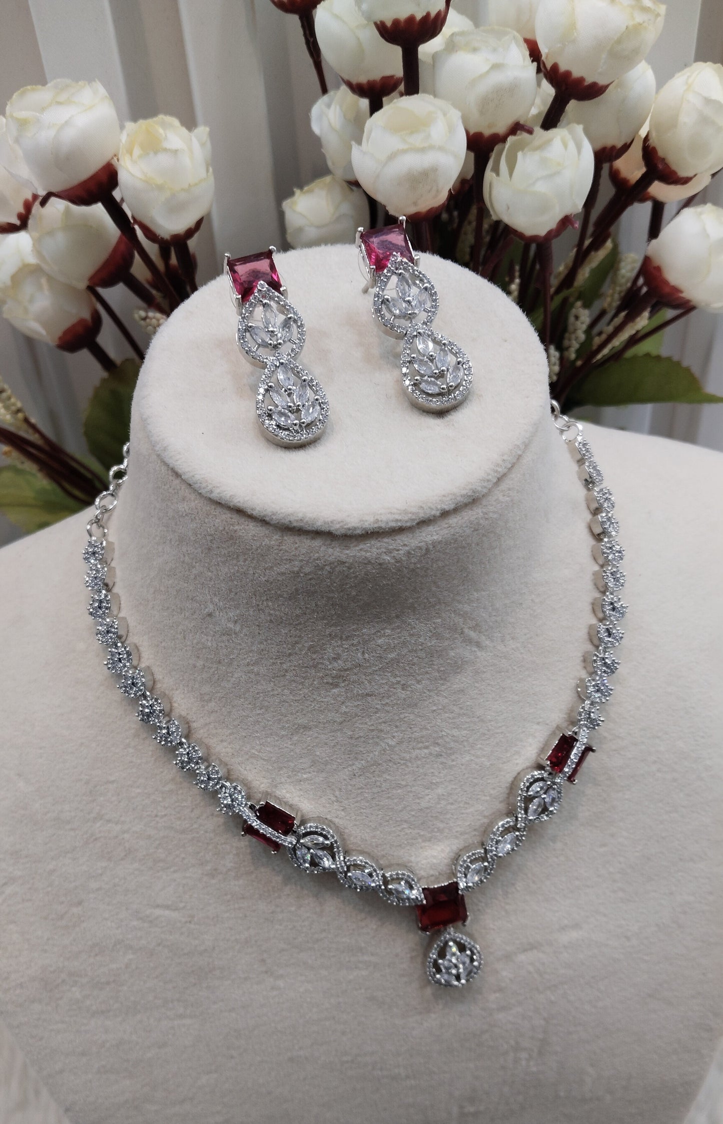 Ruby Silver CZ Necklace Indian Jewellery Peterson Set