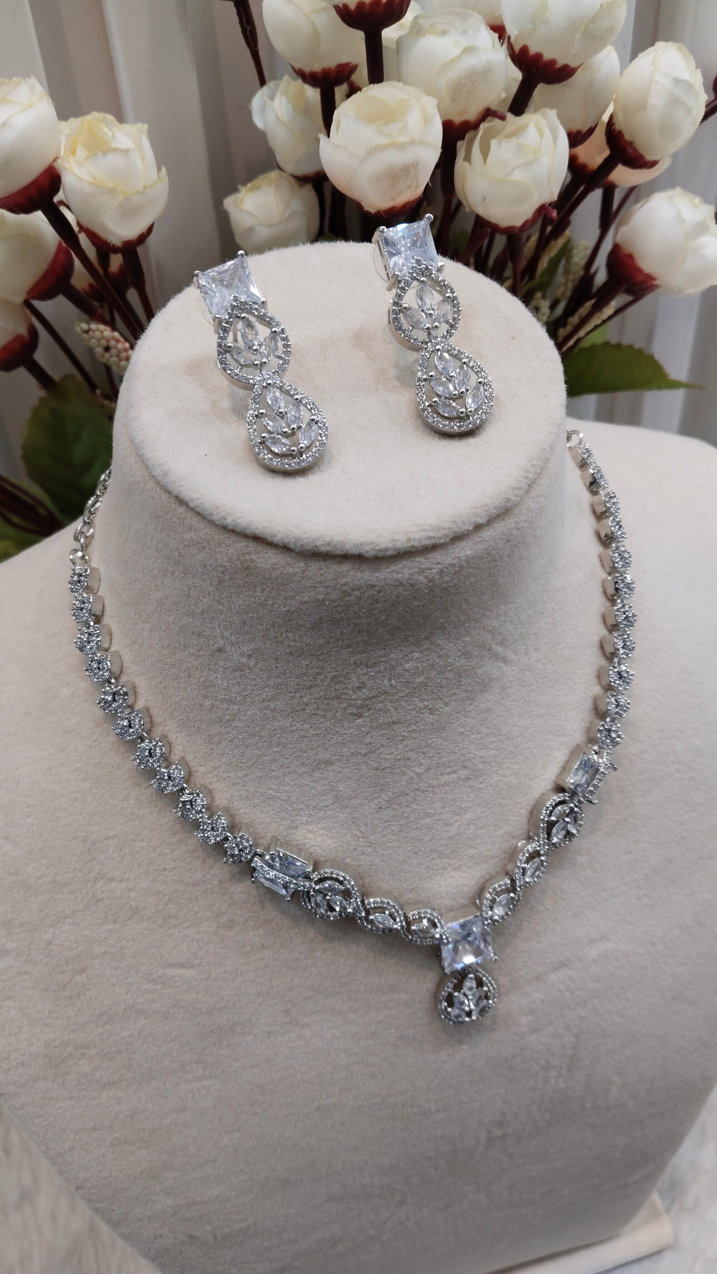 White Silver CZ Necklace Indian Jewellery Peterson Set