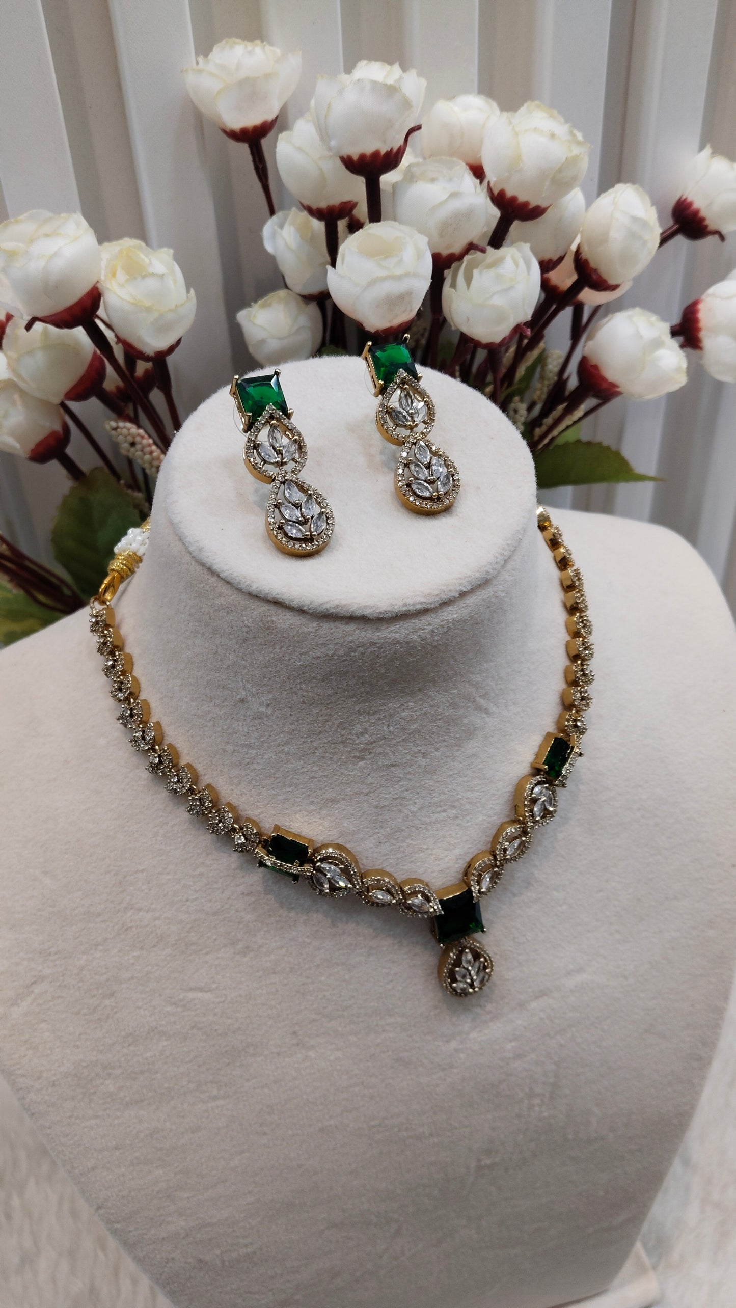 Green Antique Gold CZ Necklace Indian Jewellery Peterson Set