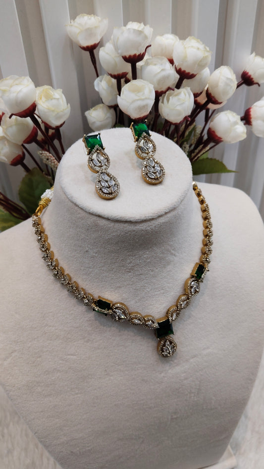 Green Antique Gold CZ Necklace Indian Jewellery Peterson Set