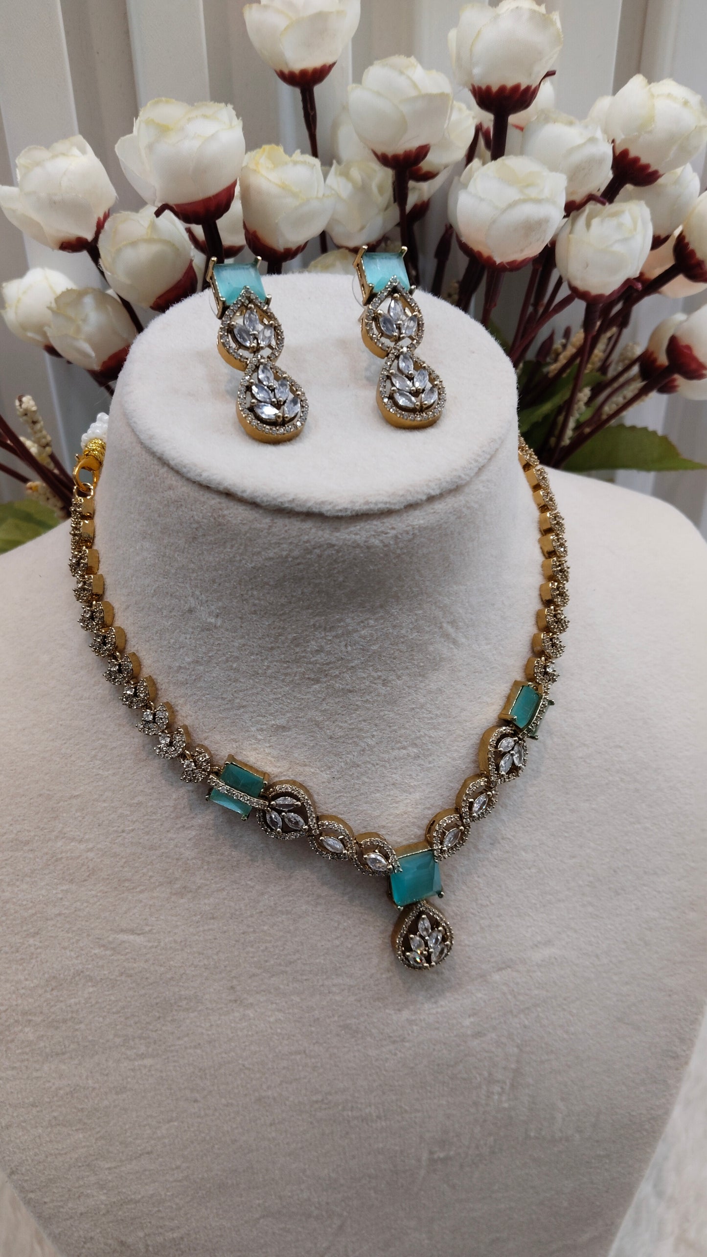 Sea Green Antique Gold CZ Necklace Indian Jewellery Peterson Set