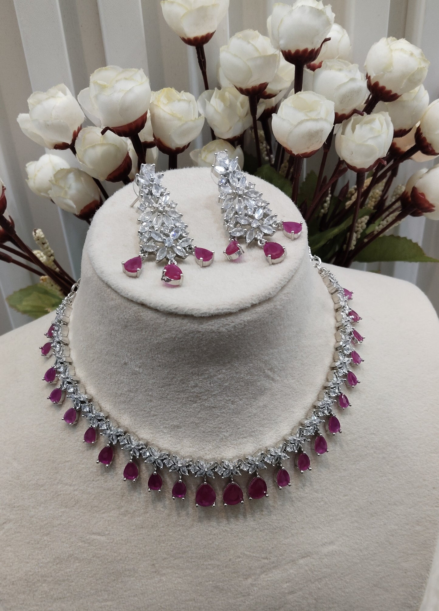 Ruby Silver CZ Necklace Indian Jewellery Marker Set