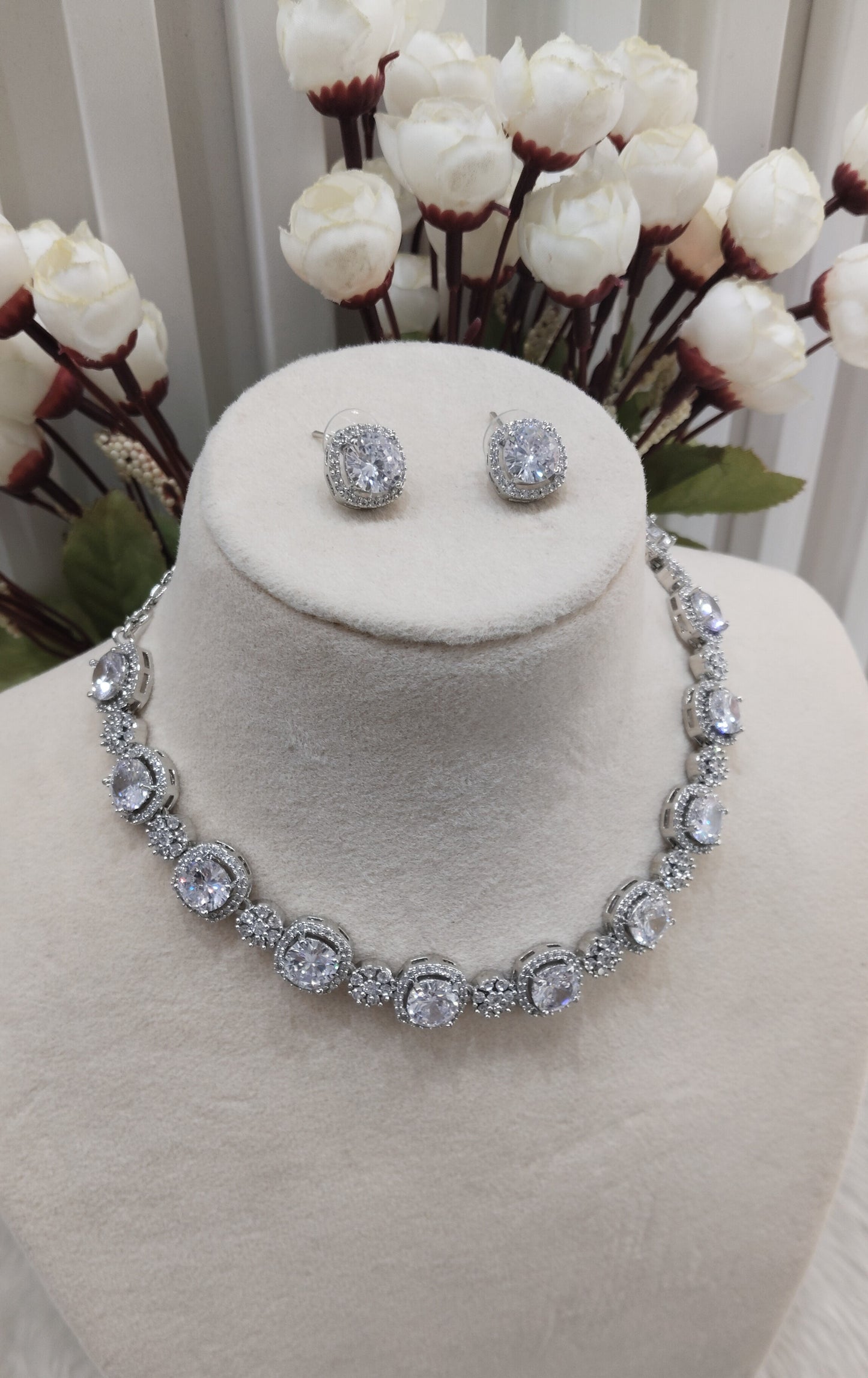 White Silver CZ Necklace Indian Jewellery Kavin Set