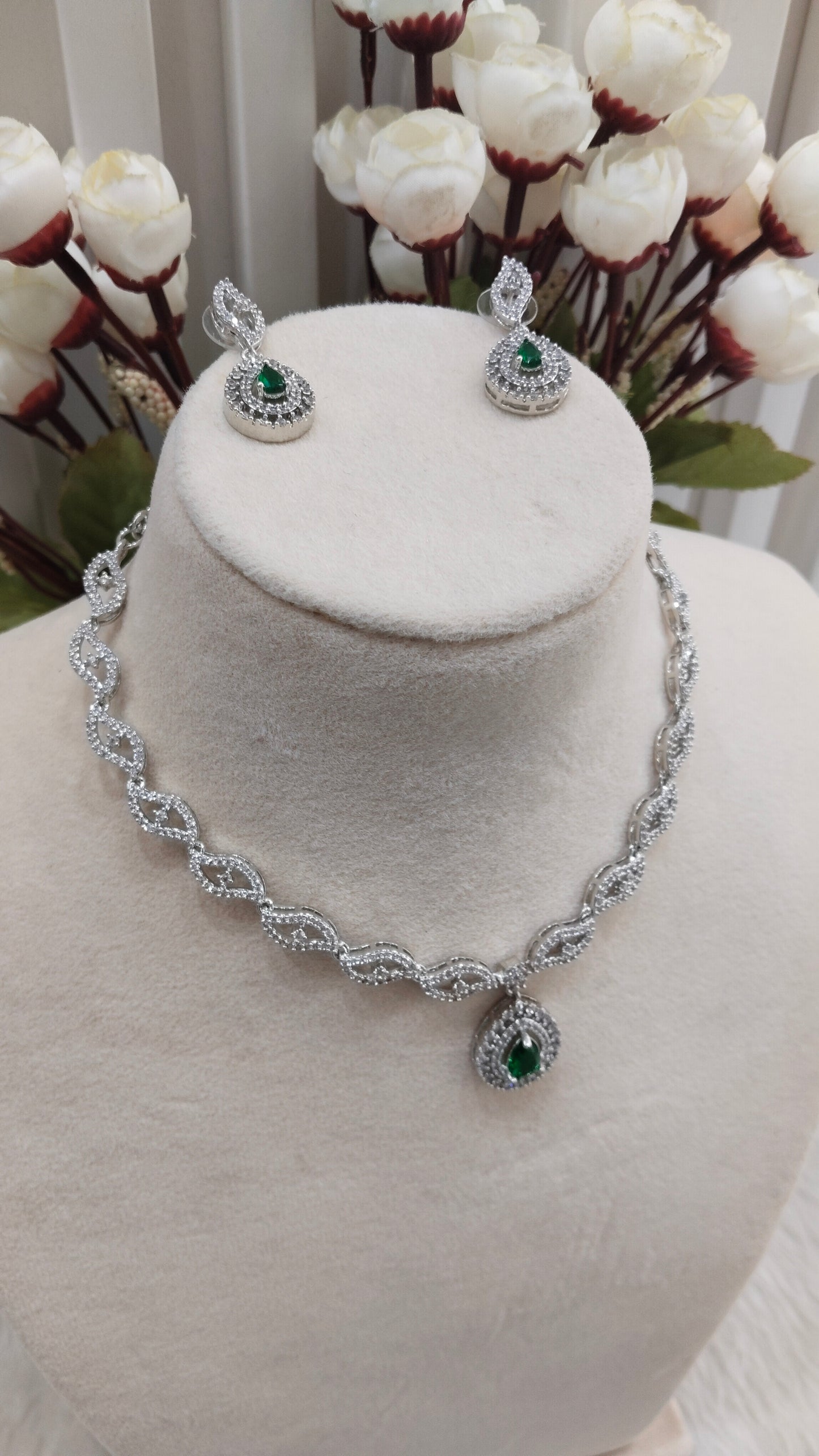Green Silver CZ Necklace Indian Jewellery Malinga Set