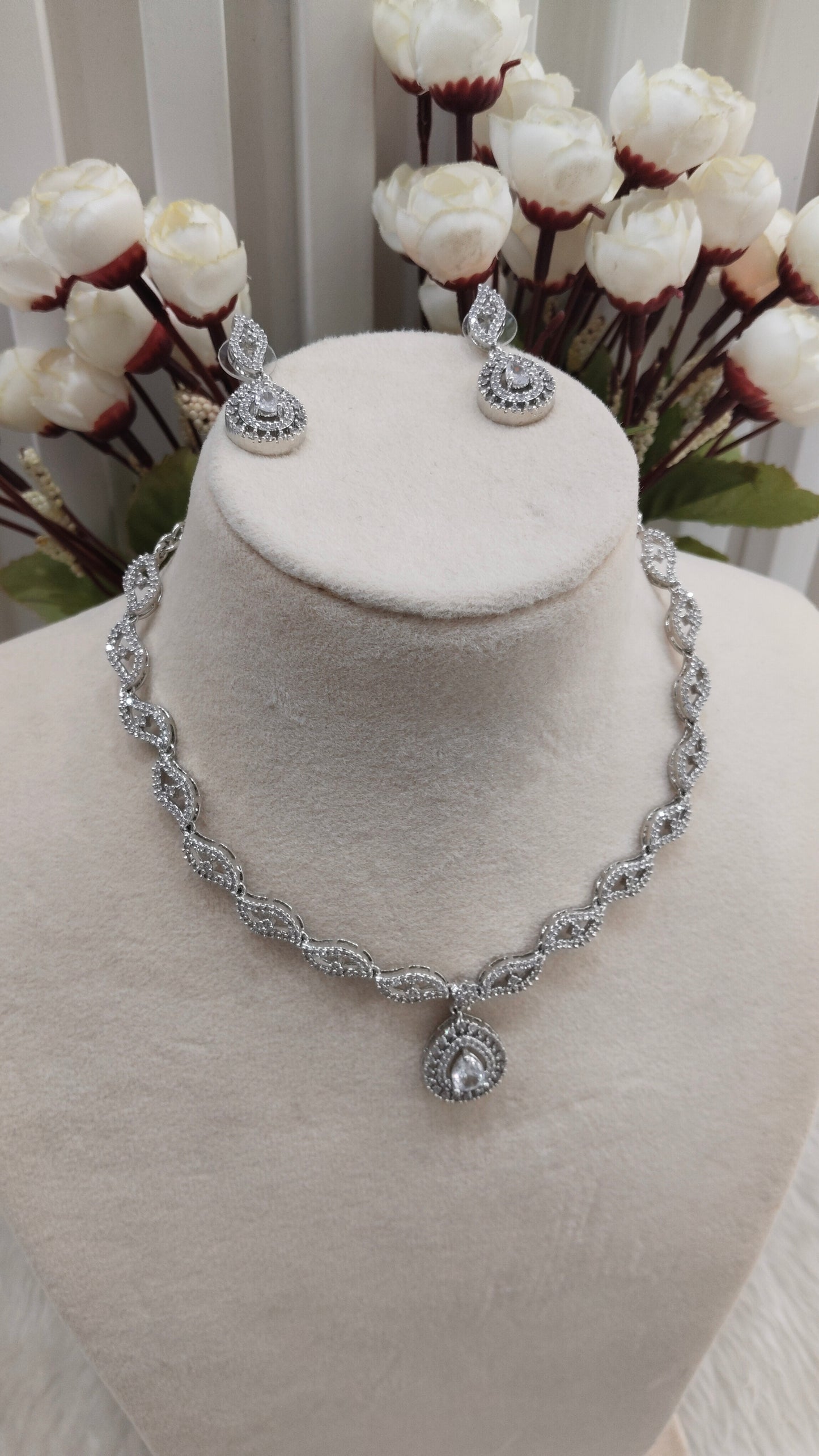 White Silver CZ Necklace Indian Jewellery Malinga Set