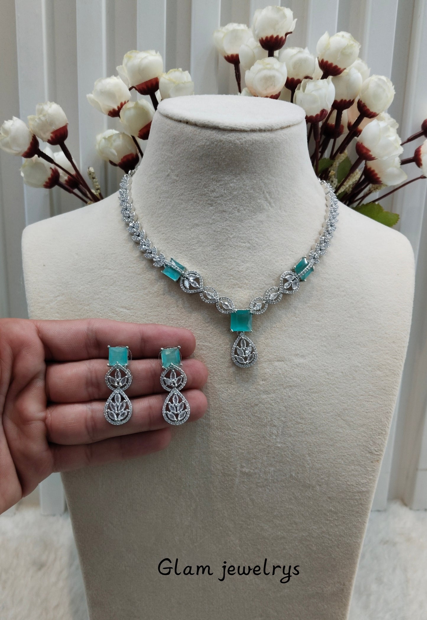 Sea Green Silver CZ Necklace Indian Jewellery Peterson Set