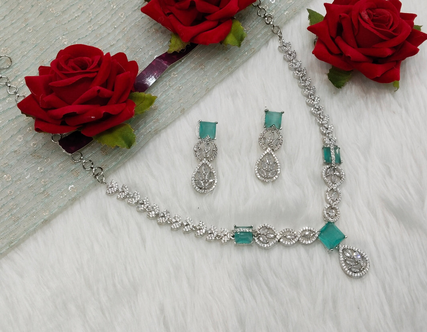 Sea Green Silver CZ Necklace Indian Jewellery Peterson Set