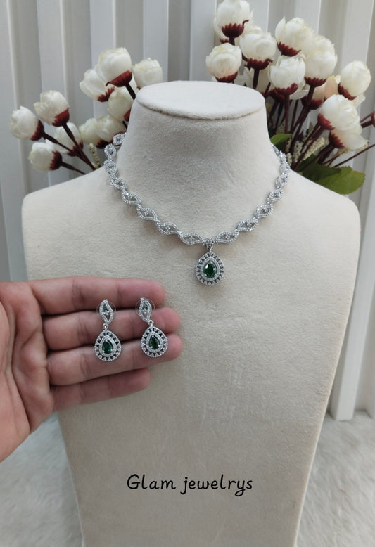 Green Silver CZ Necklace Indian Jewellery Malinga Set