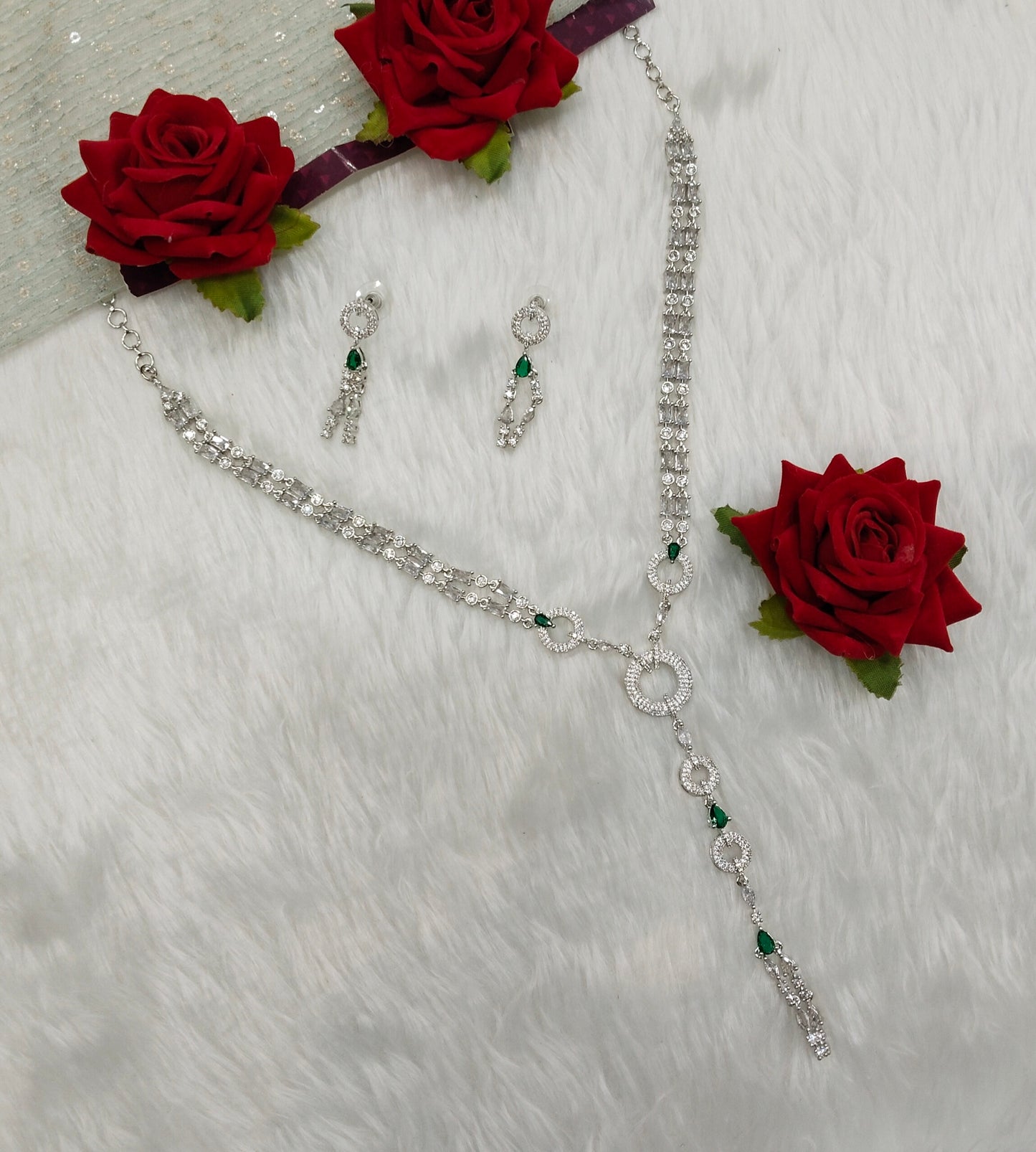 Green Silver CZ Necklace Indian Jewellery Jaysurya Set