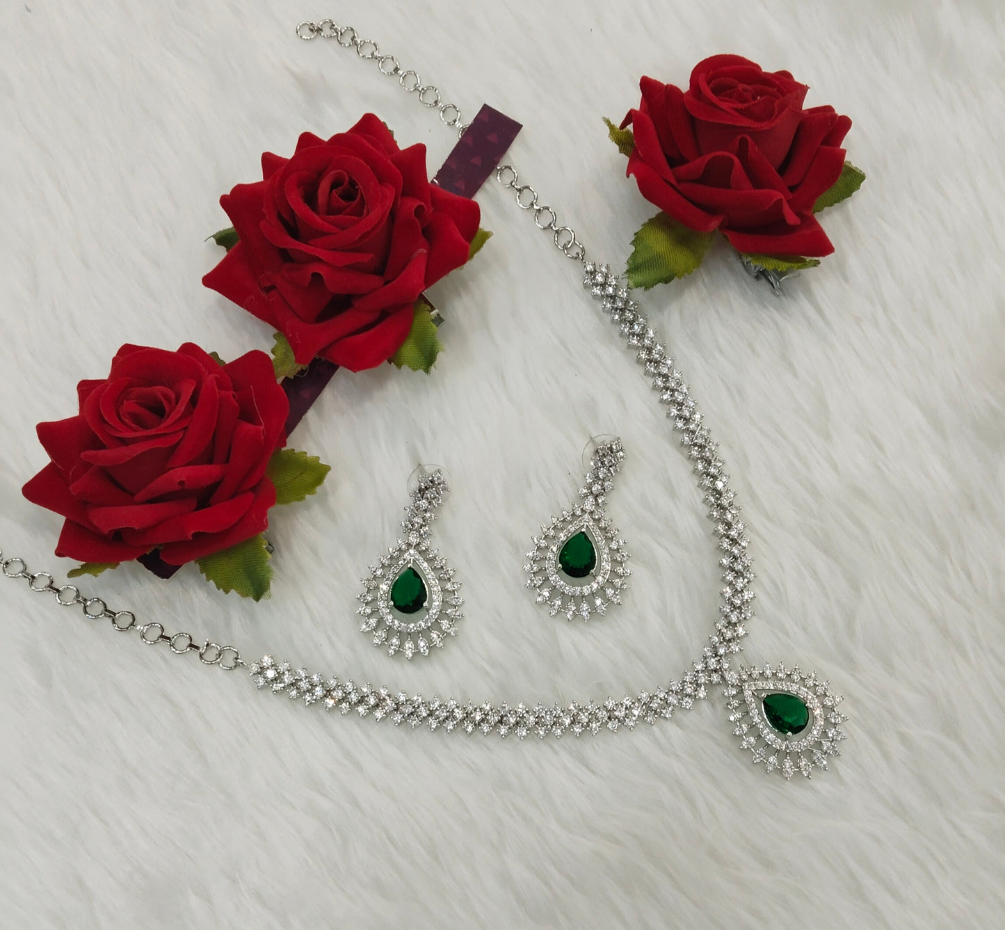 Green Silver CZ Necklace Indian Jewellery Polard Set