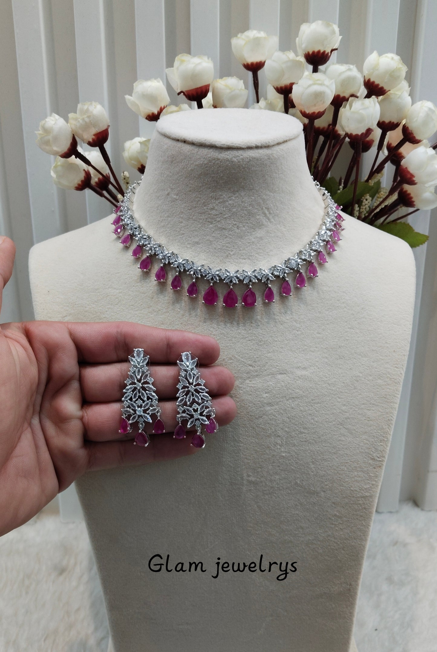 Ruby Silver CZ Necklace Indian Jewellery Marker Set